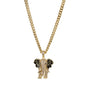 Gold necklace with an elephant pendant on a white background