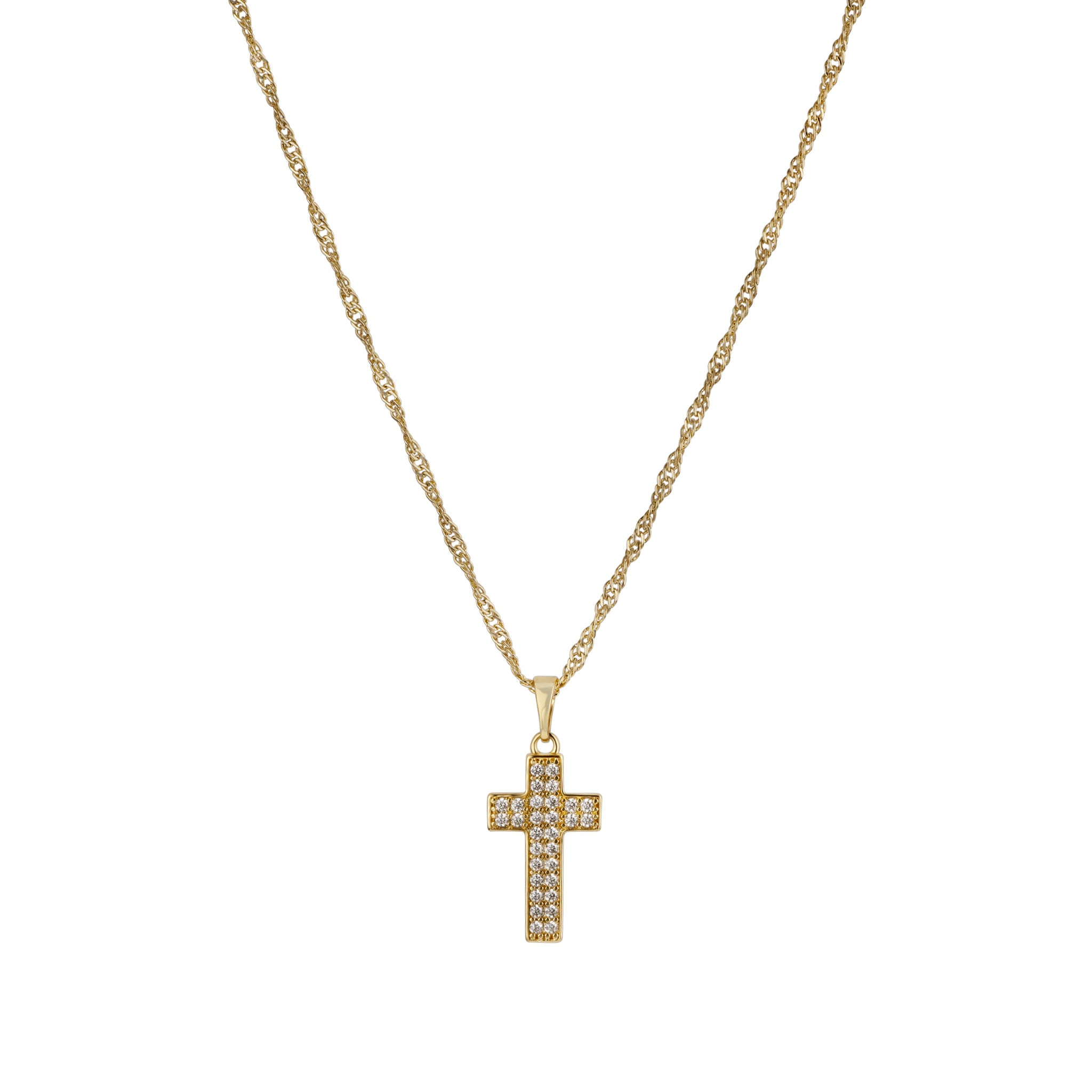Gold cross necklace on a white background
