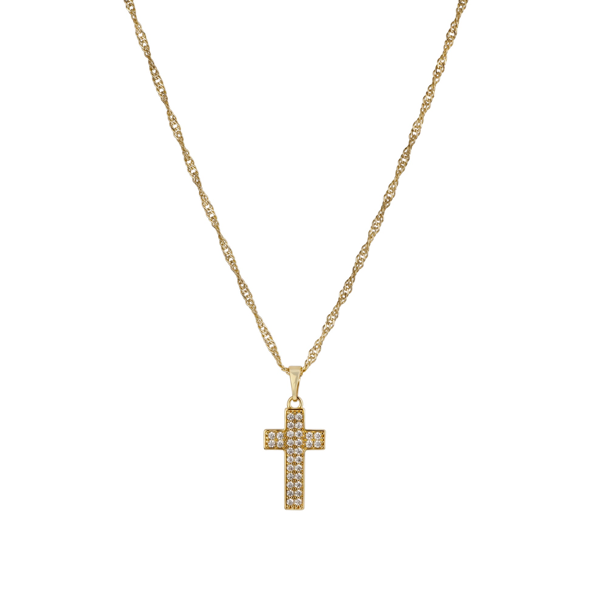 Gold cross necklace on a white background