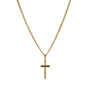 Gold cross necklace on a white background