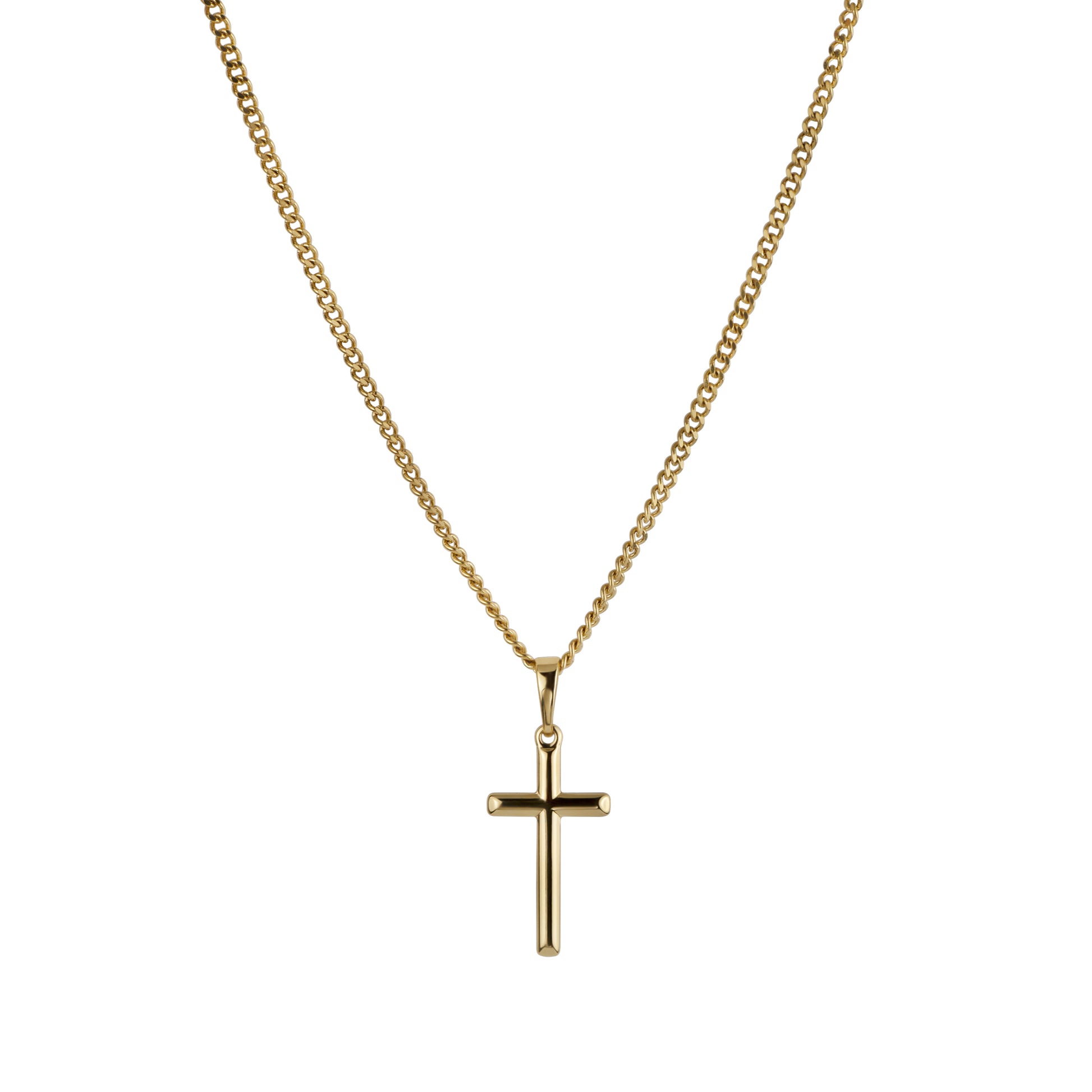 Gold cross necklace on a white background