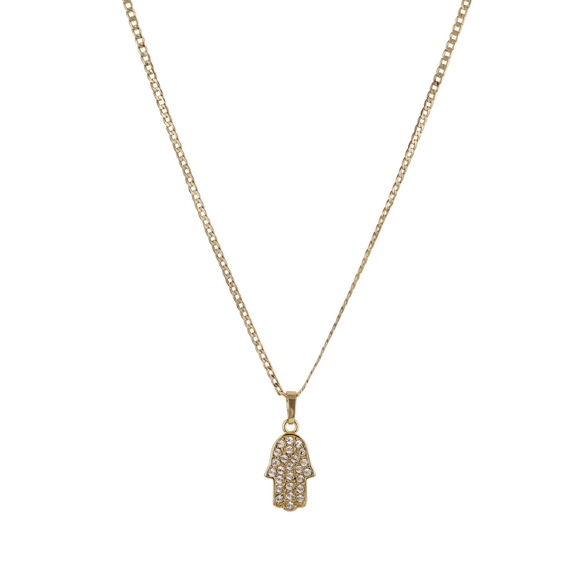Gold necklace with a hamsa hand pendant on a white background