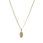 Gold necklace with a hamsa hand pendant on a white background