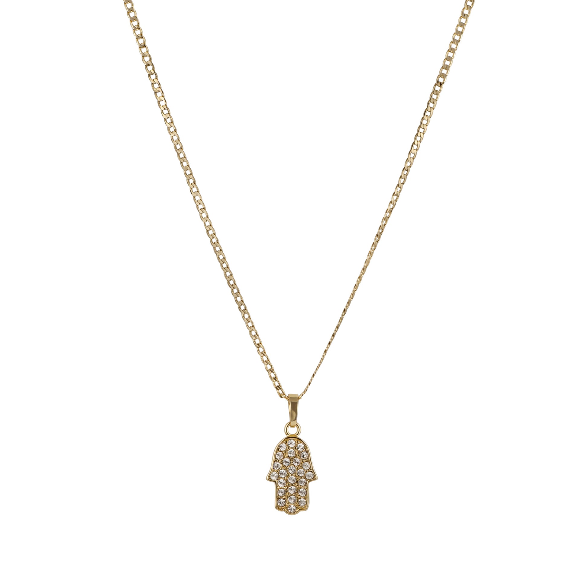 Gold necklace with a hamsa hand pendant on a white background