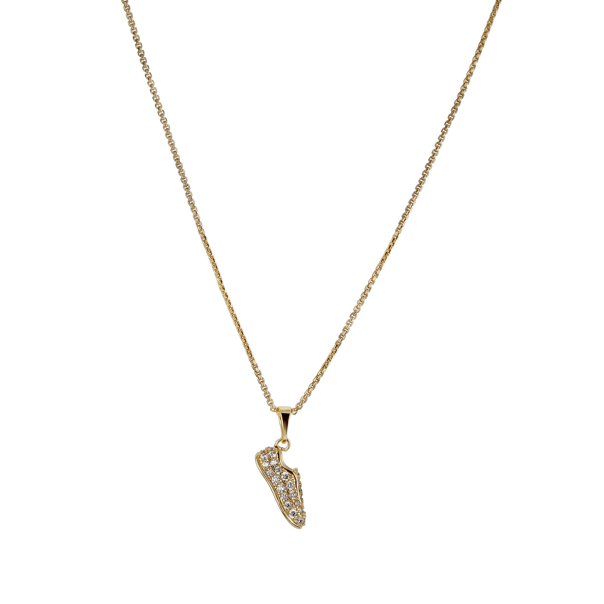 Gold necklace with a small pendant on a white background