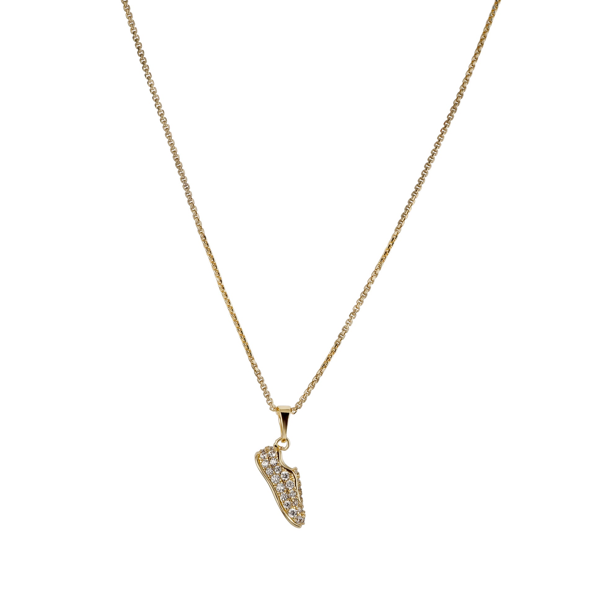 Gold necklace with a small pendant on a white background