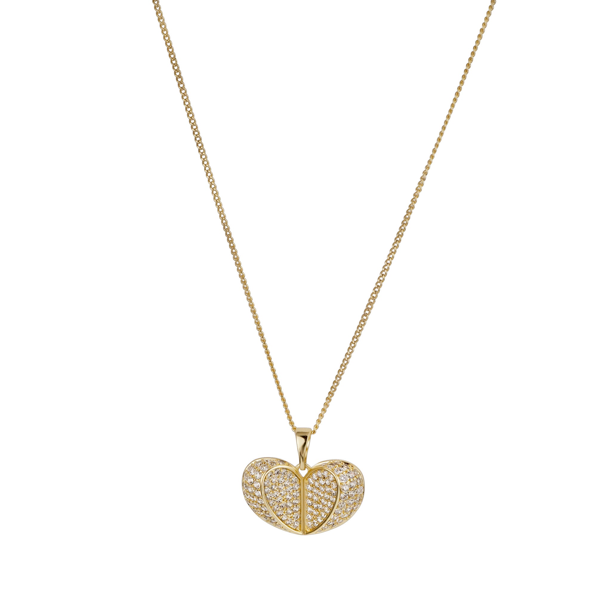 Gold heart-shaped pendant necklace on a white background
