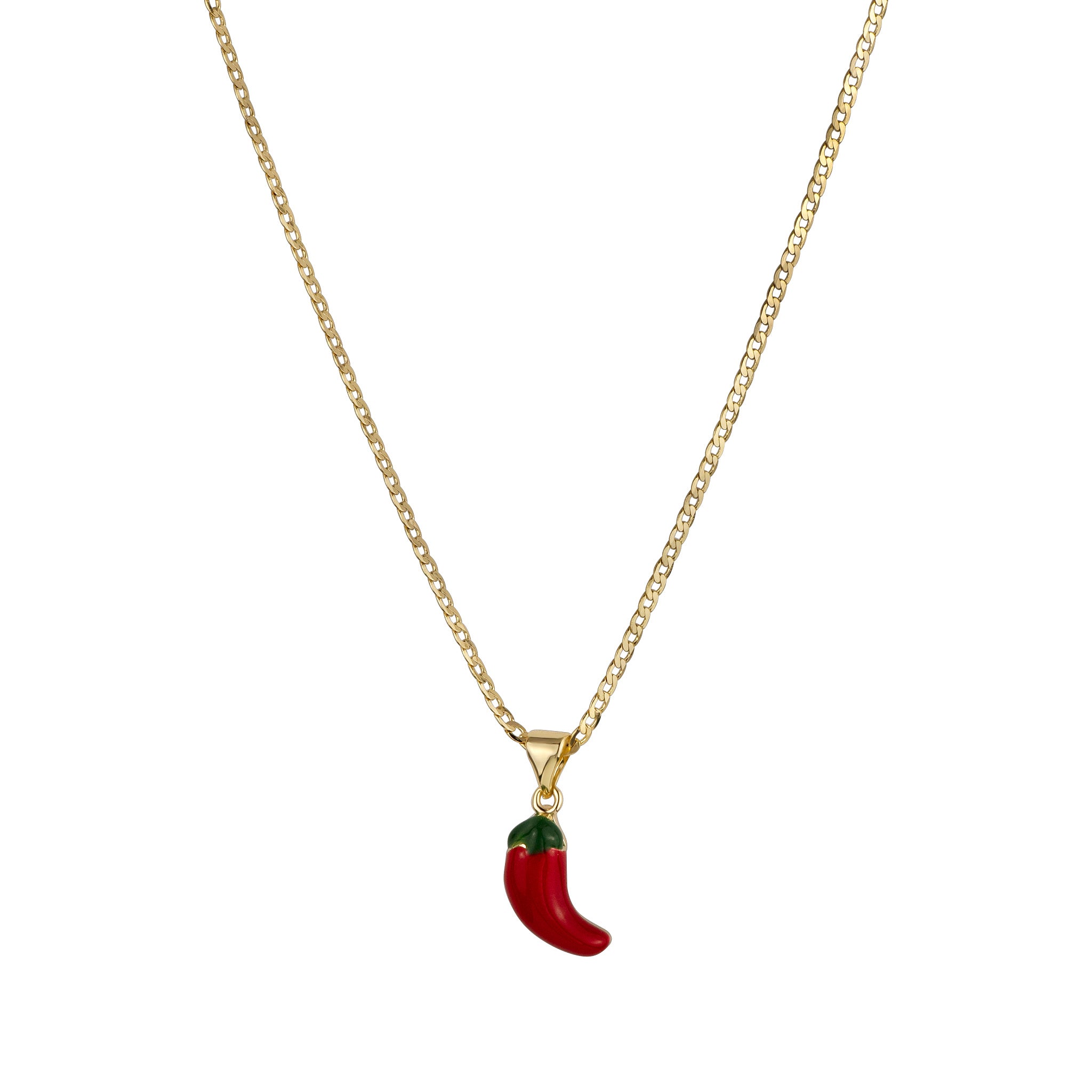 Gold necklace with a red chili pepper pendant on a white background