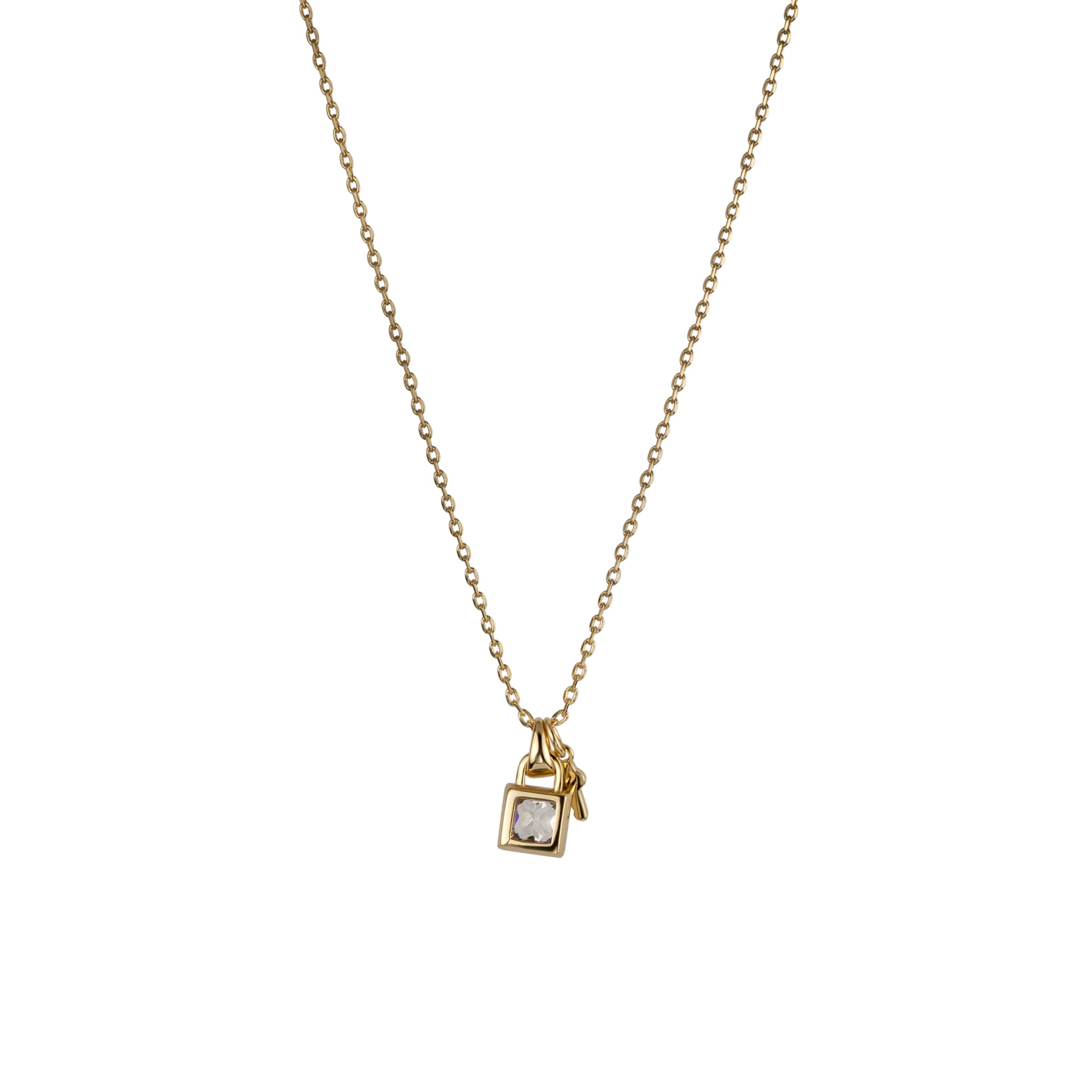 A gold necklace featuring a square padlock pendant with a central gemstone and a small key charm on a white background.