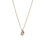 A gold necklace featuring a square padlock pendant with a central gemstone and a small key charm on a white background.