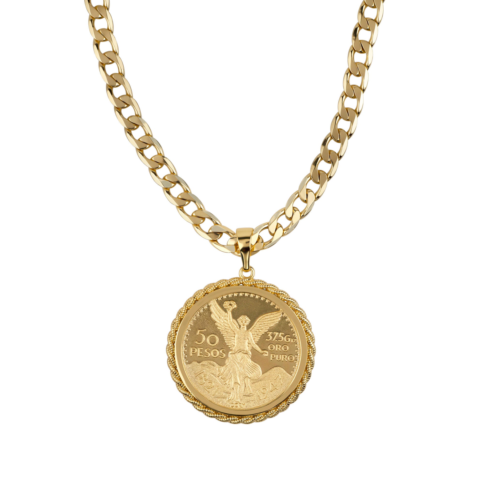 Gold necklace with a coin pendant on a white background