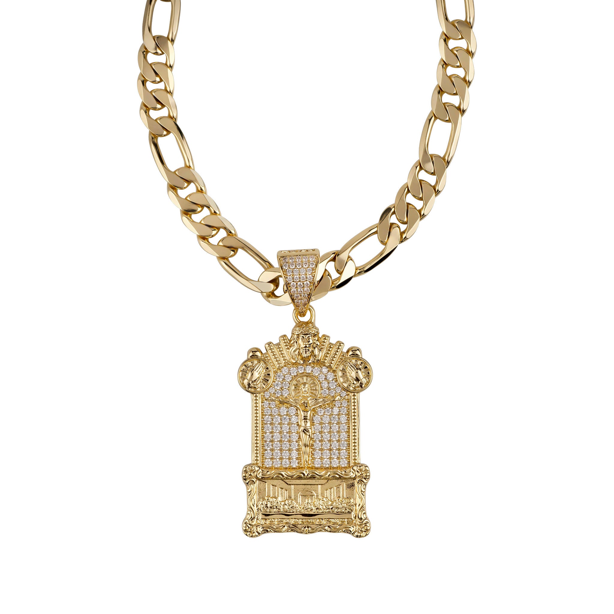 Gold necklace with a detailed pendant on a white background