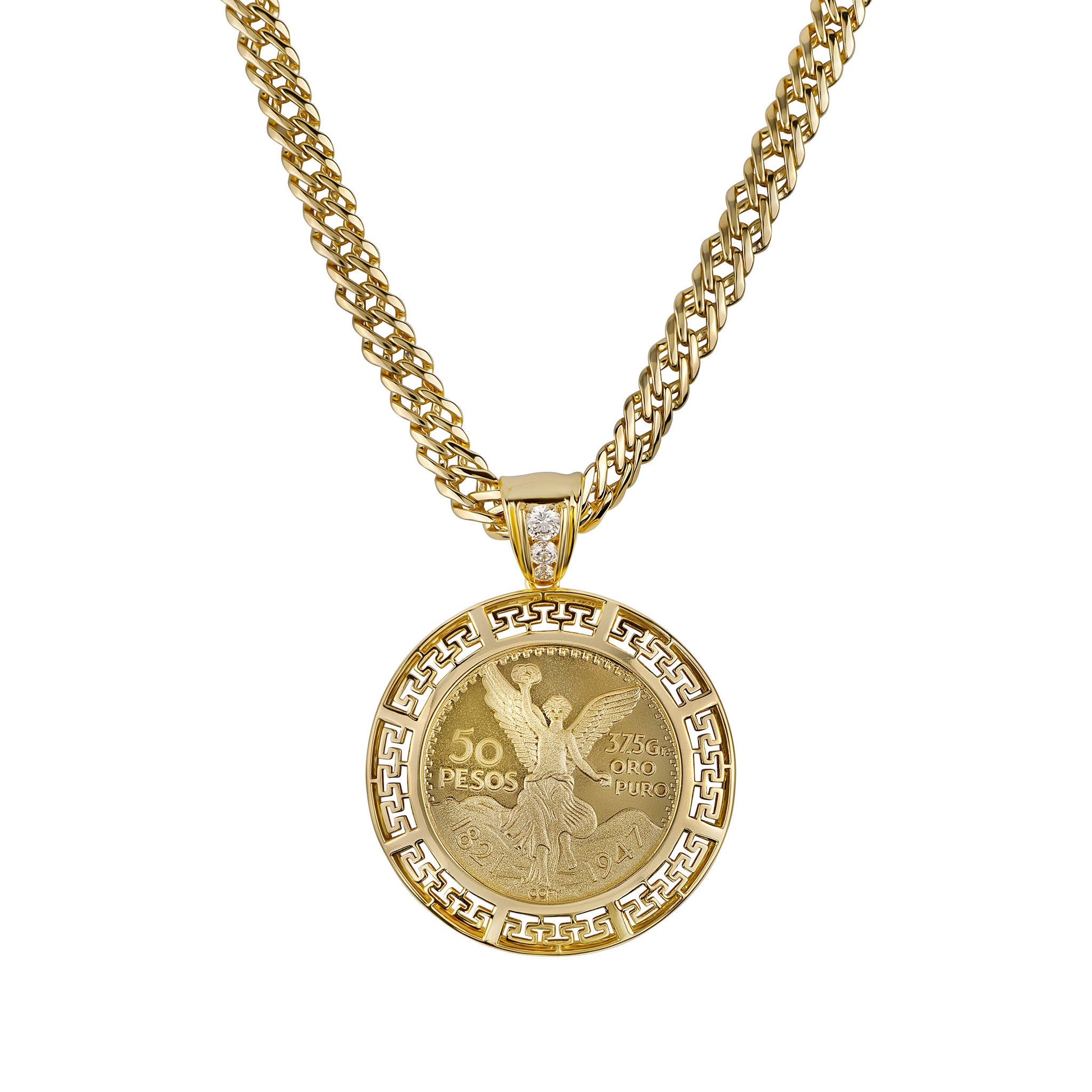 Gold coin pendant necklace on a white background