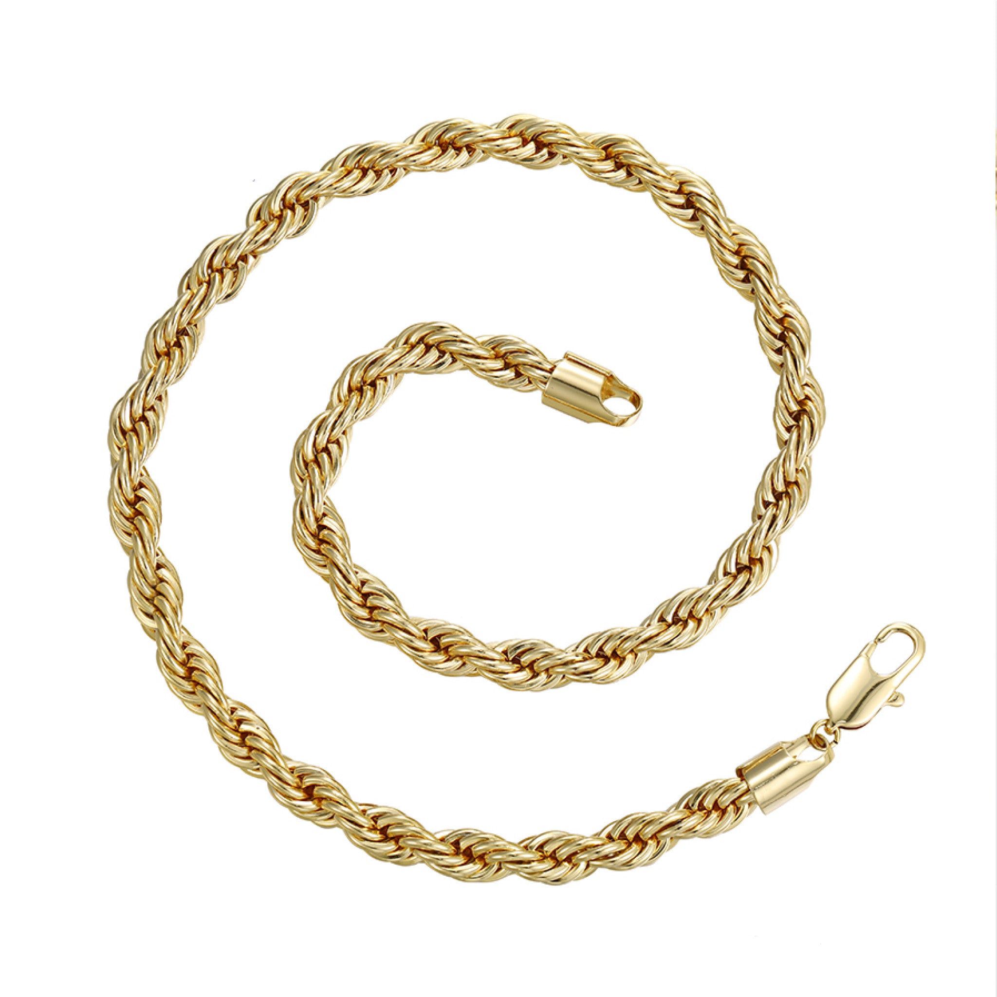 Gold rope chain necklace on a white background