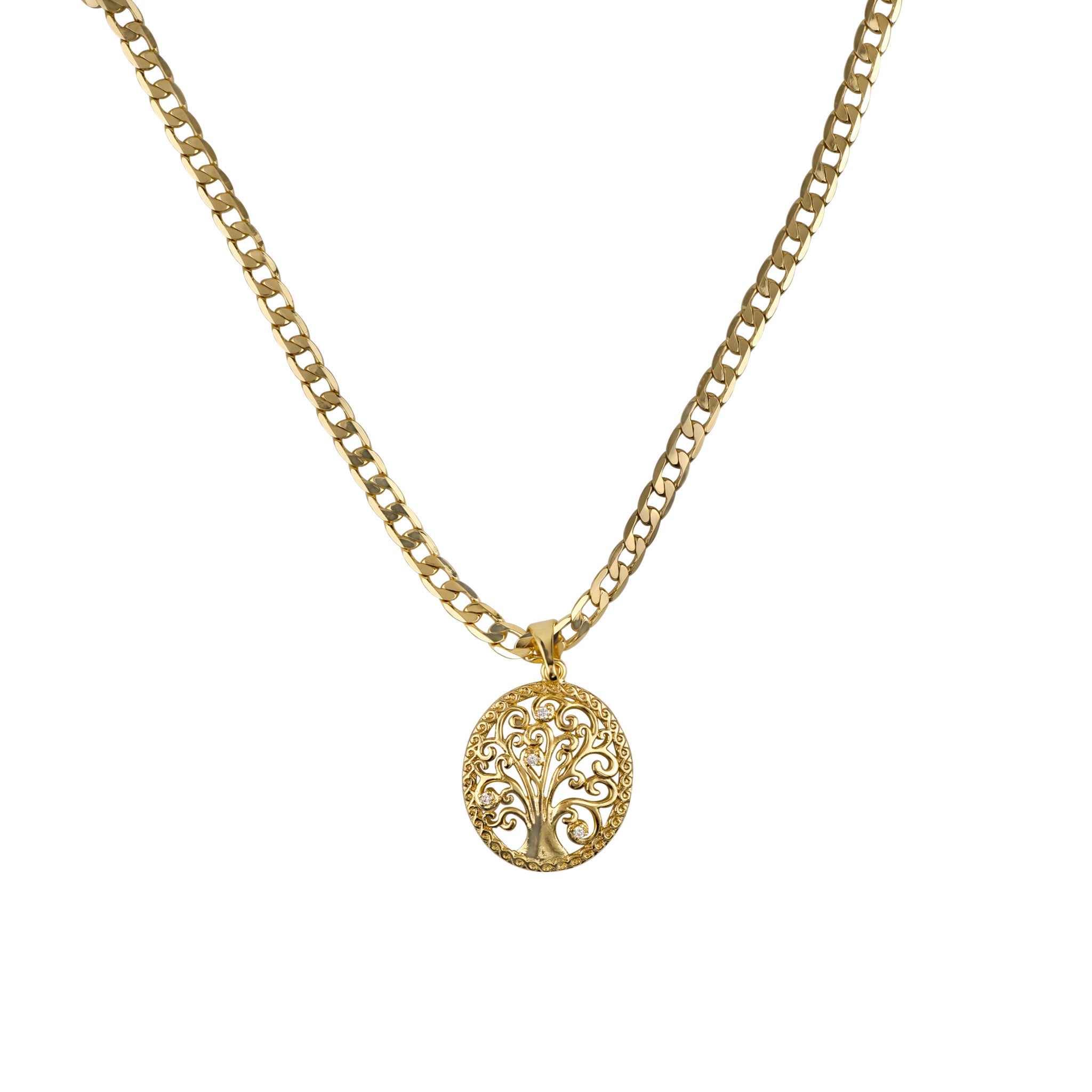 Gold necklace with a tree-of-life pendant on a white background