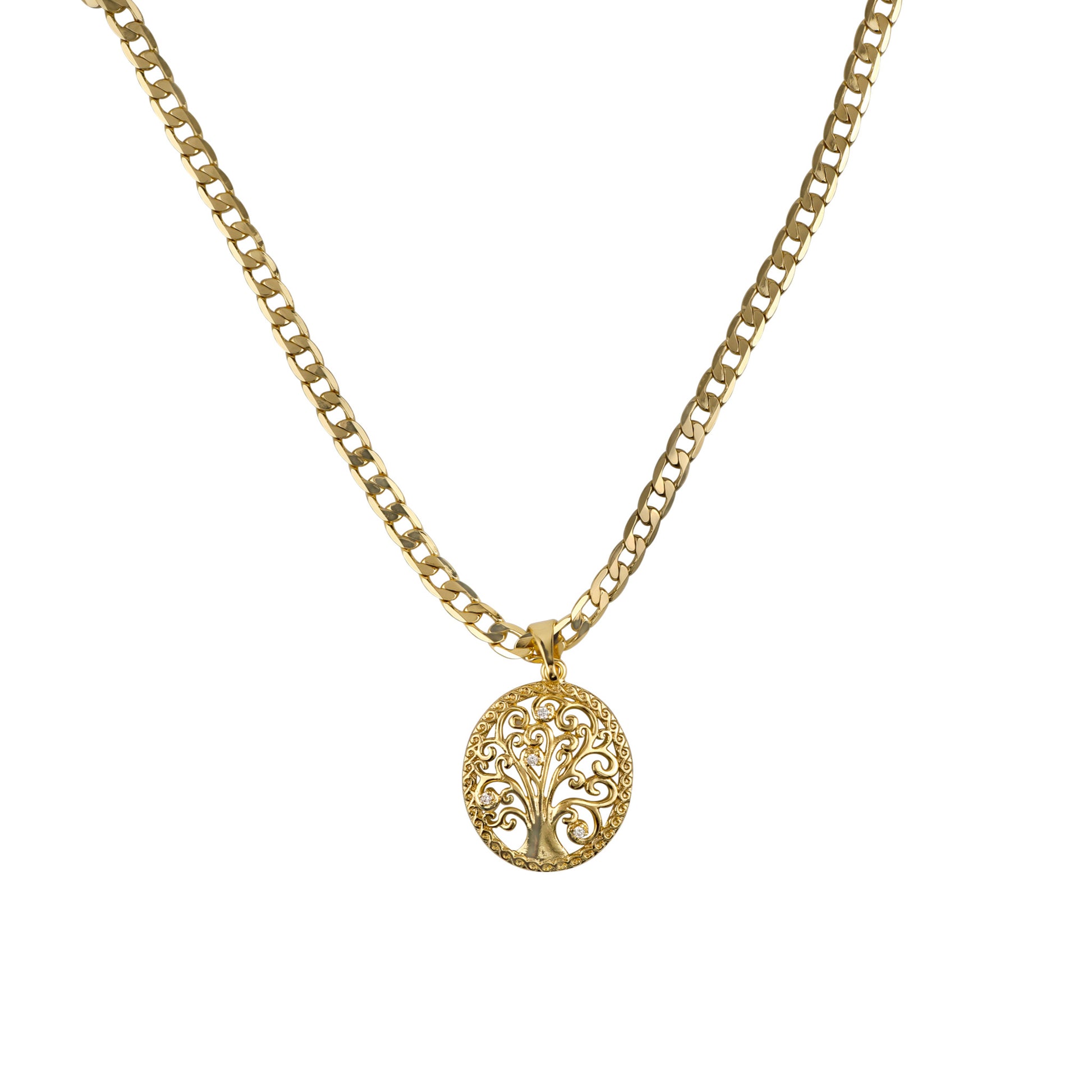 Gold necklace with a tree-of-life pendant on a white background