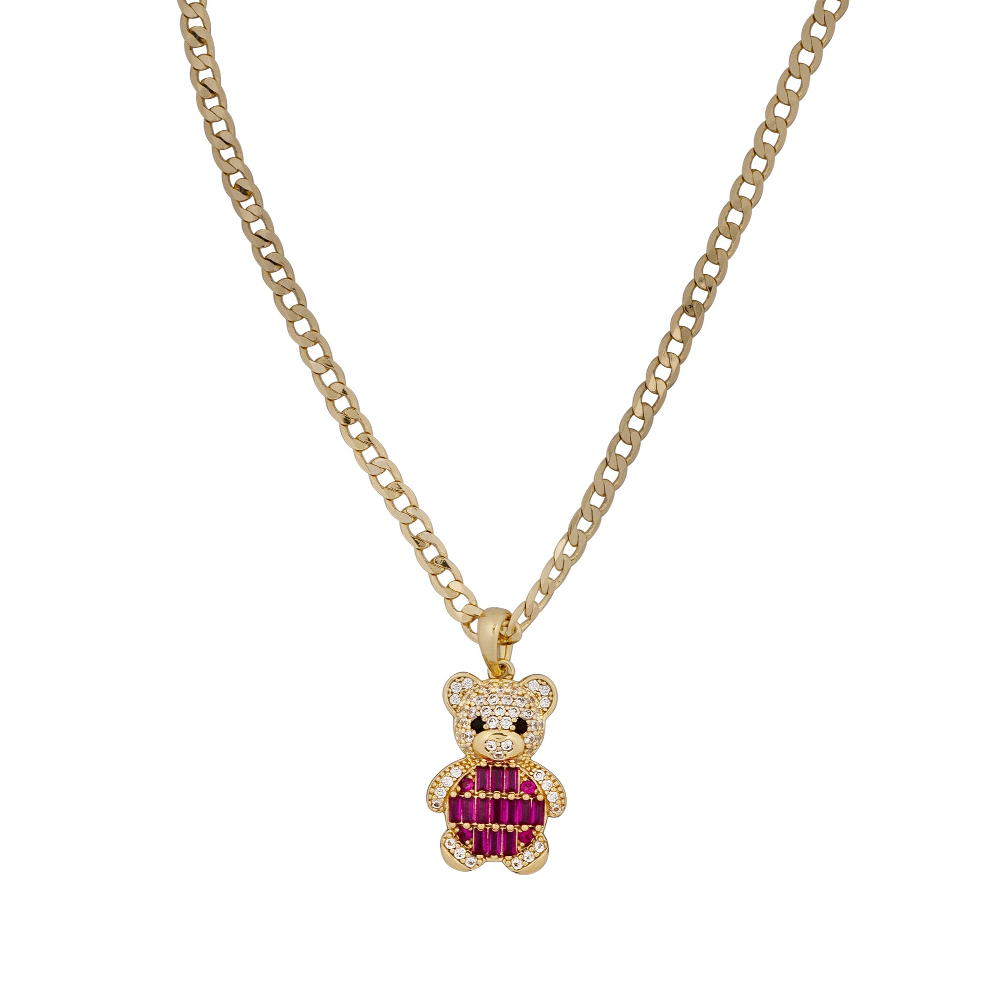 Gold teddy bear pendant with a heart-shaped gem on a gold chain against a white background