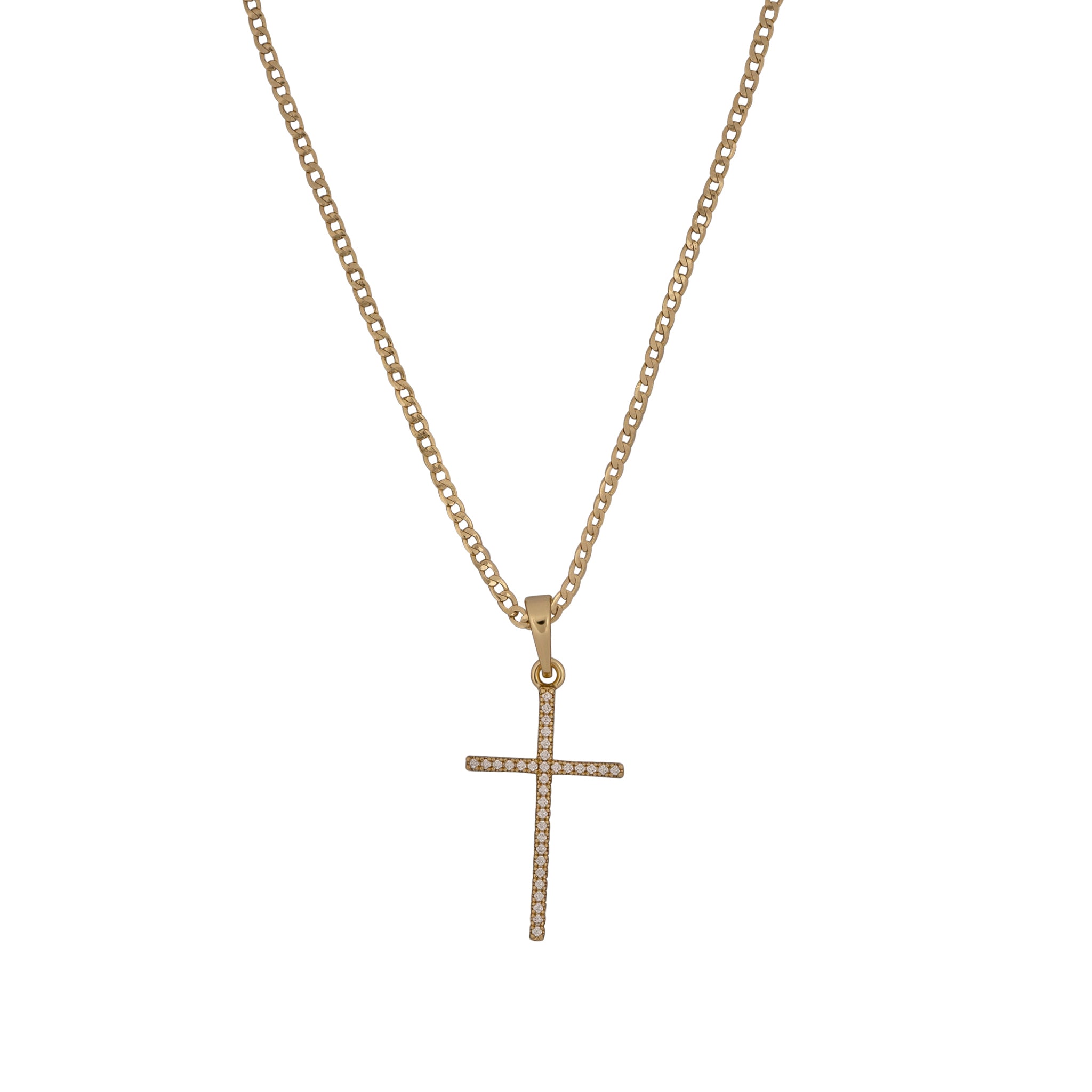 Gold cross necklace on a white background