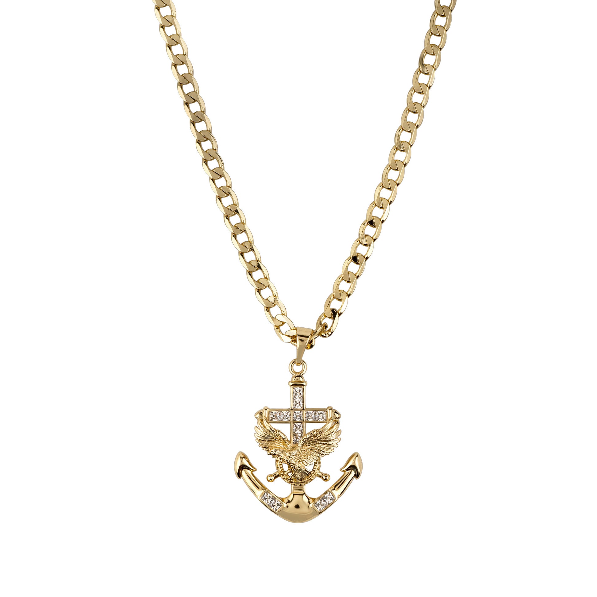 Gold necklace with an anchor and eagle pendant on a white background
