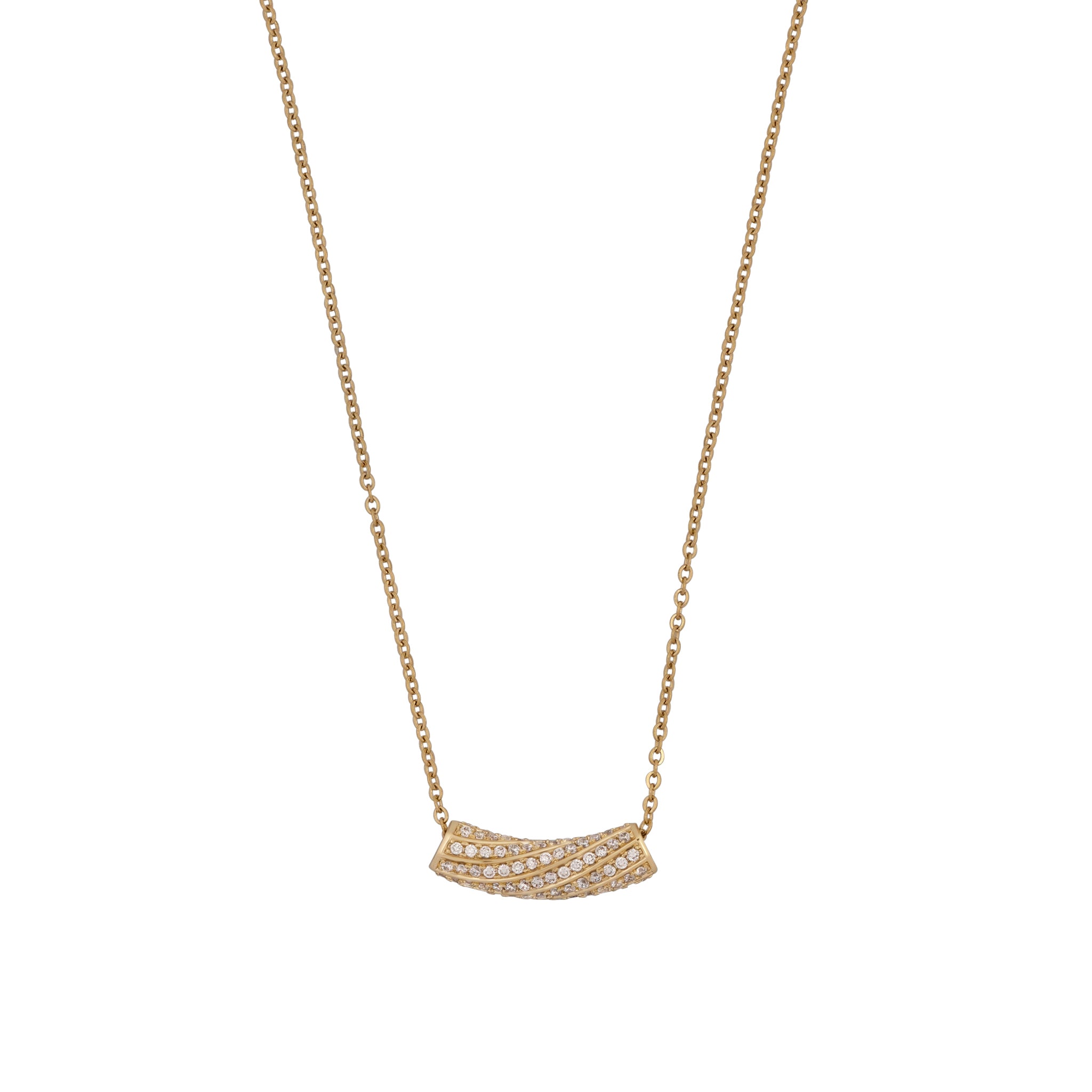 Gold necklace with a curved pendant on a white background