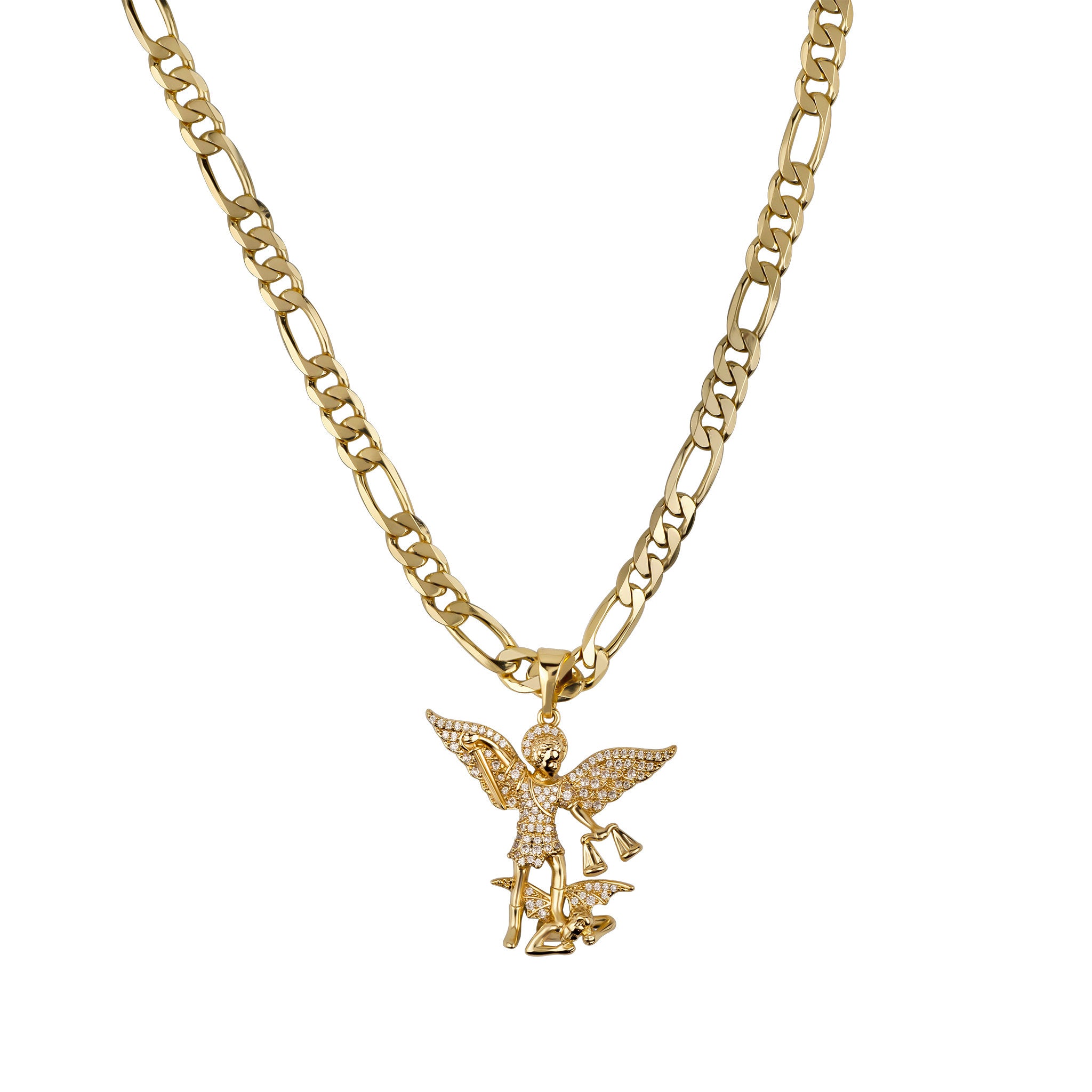 Gold chain necklace with an angel pendant on a white background