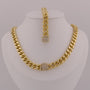 Gold chain necklace and bracelet set on a mannequin bust against a gray background