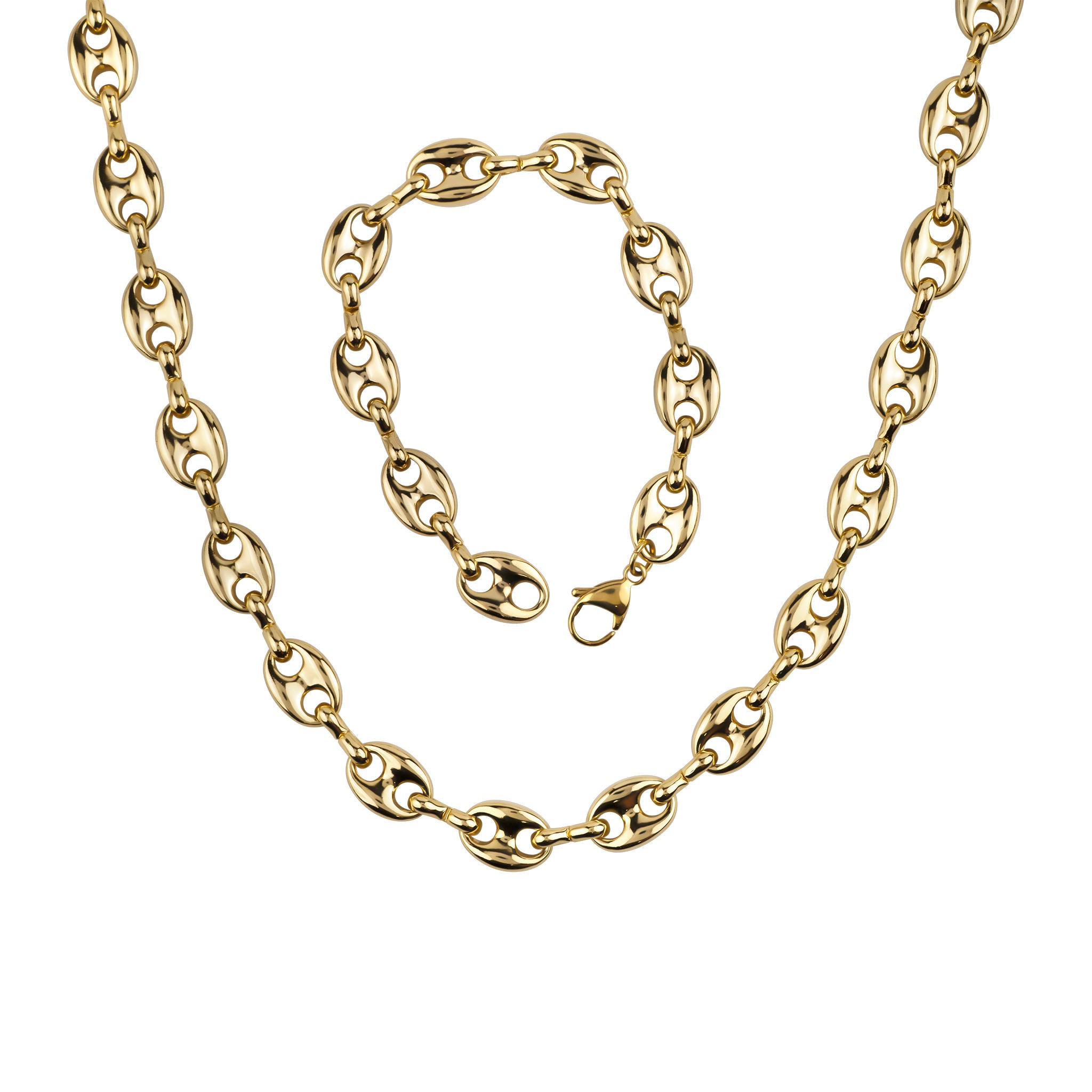 Gold chain necklace on a white background