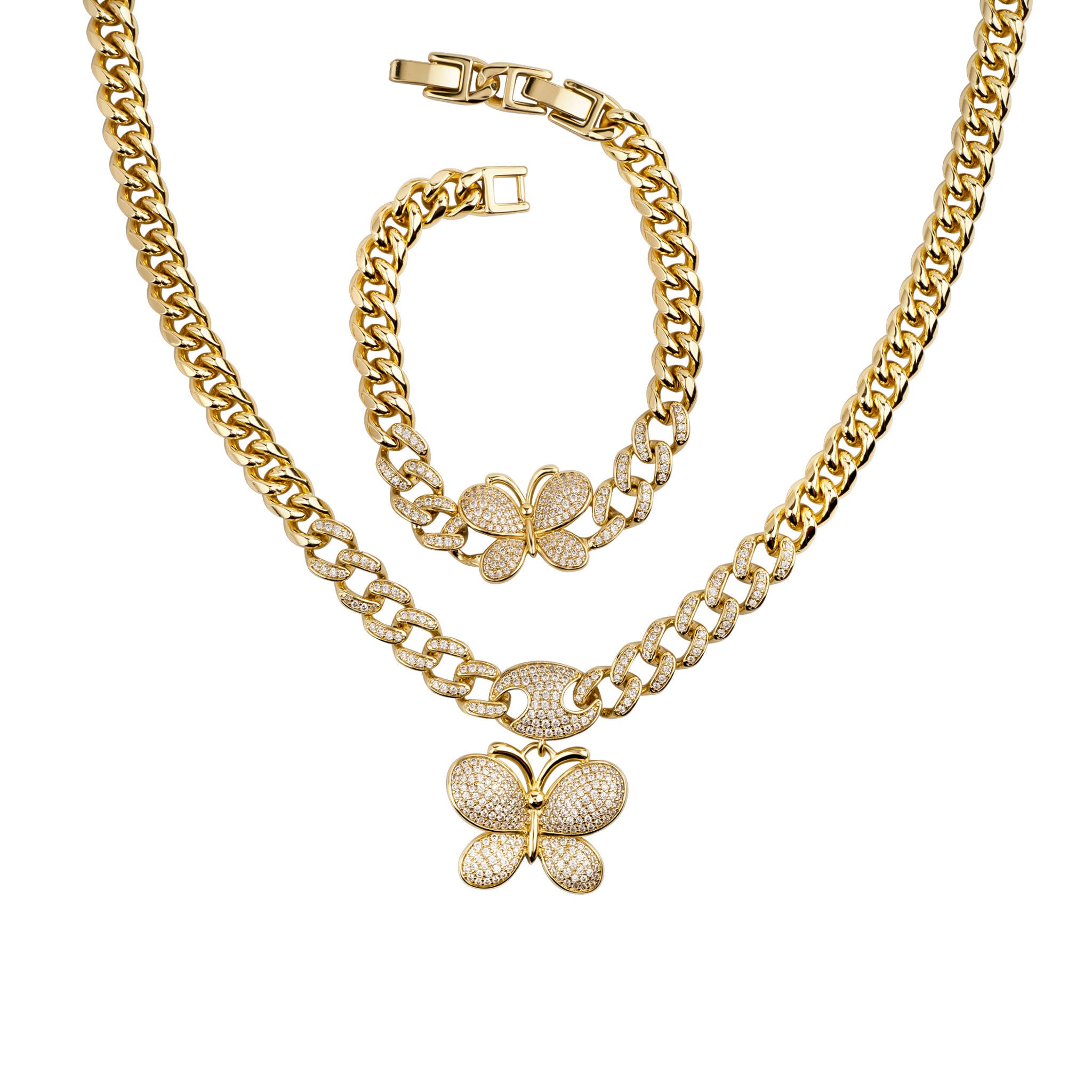 Gold chain necklace with butterfly pendants on a white background