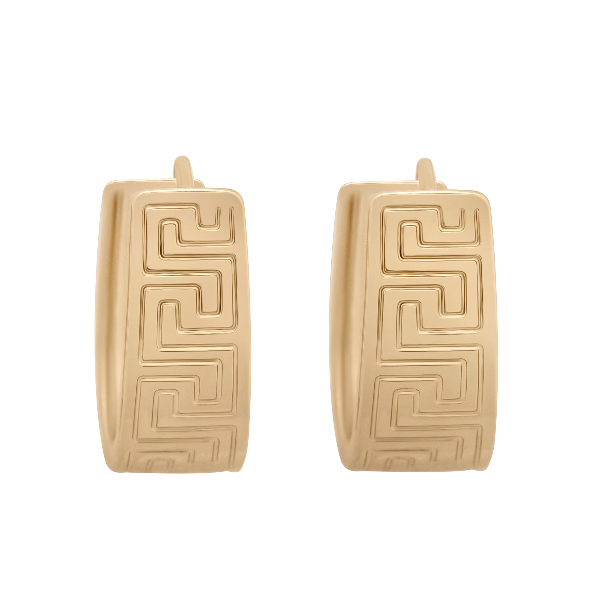 Pair of gold hoop earrings with a geometric pattern on a white background