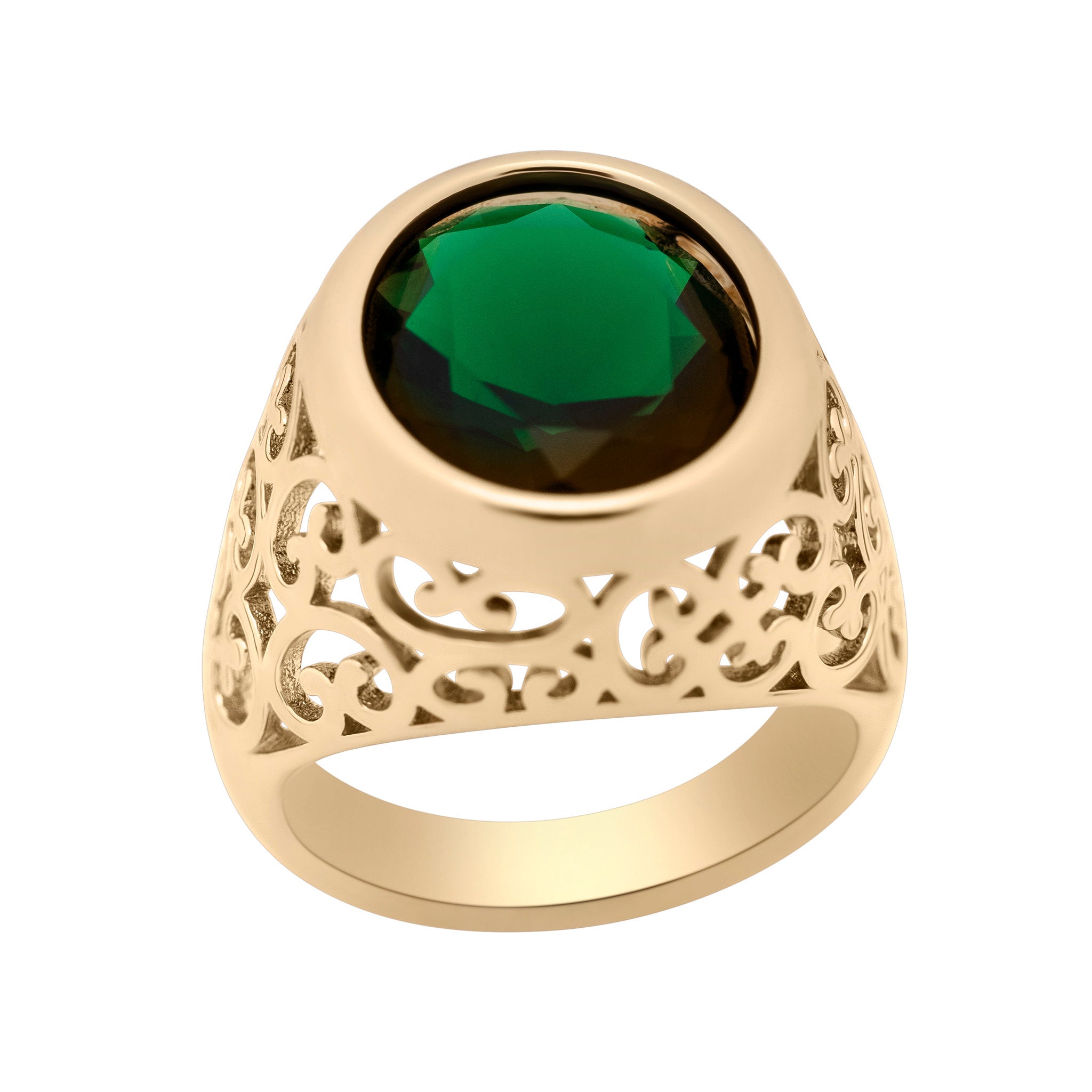 Gold ring with a green gemstone on a white background