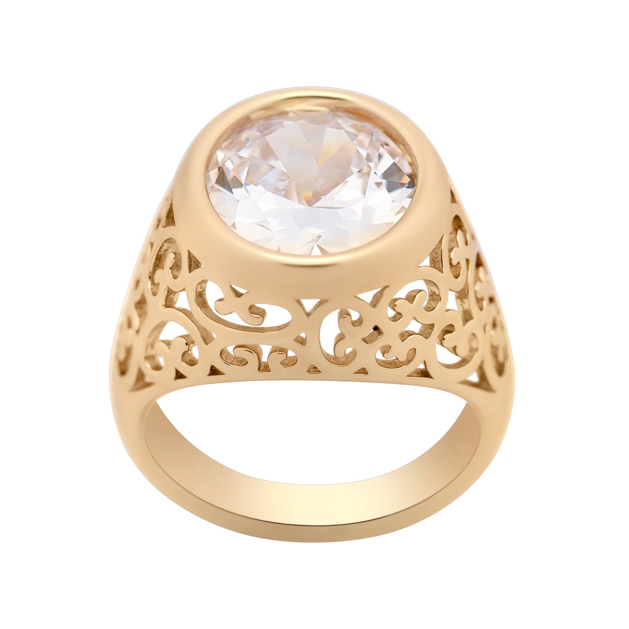 Gold ring with a large crystal center stone on a white background