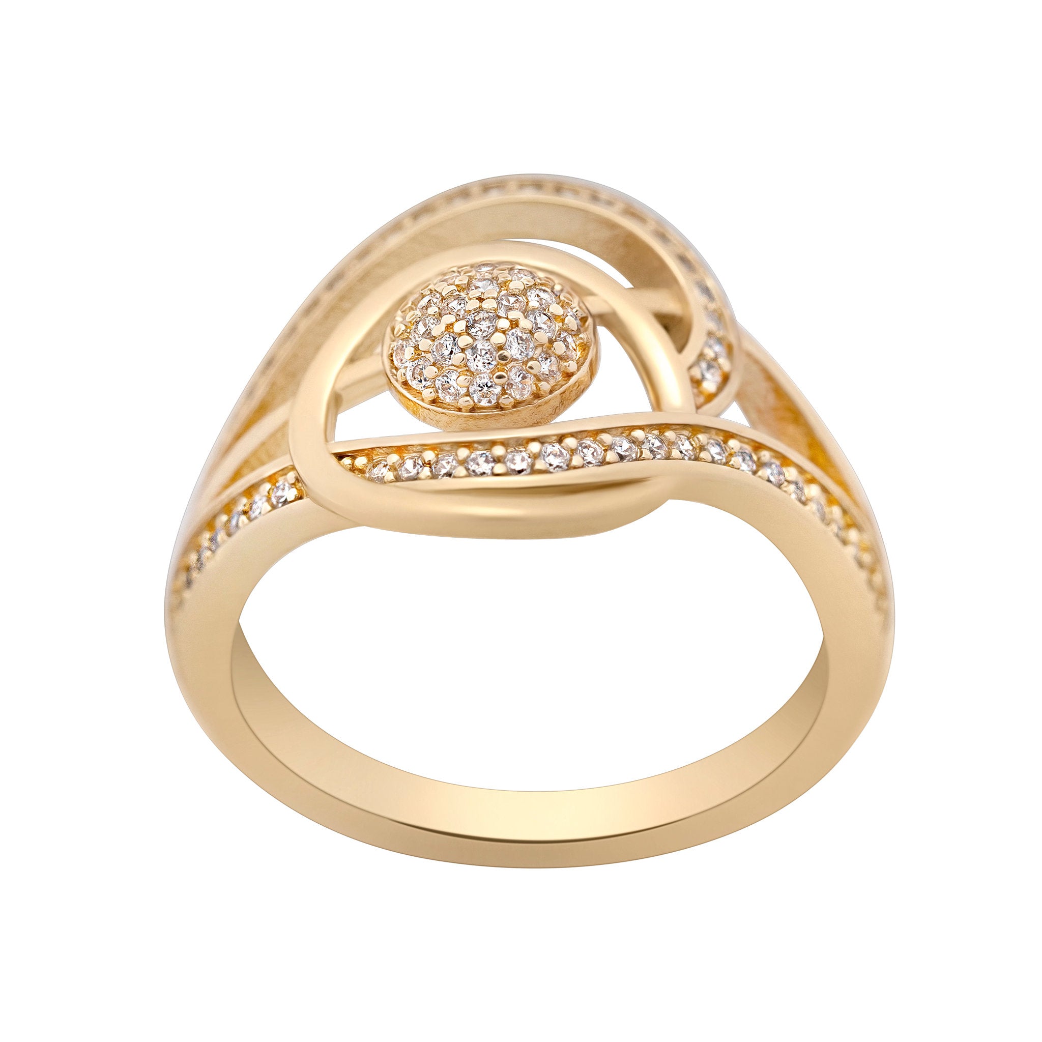 Gold ring with diamond accents on a white background