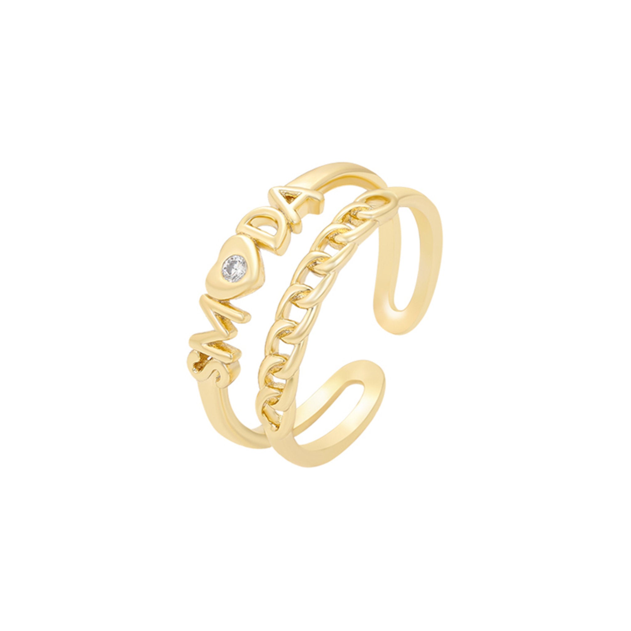 Gold open ring with a small diamond on a white background