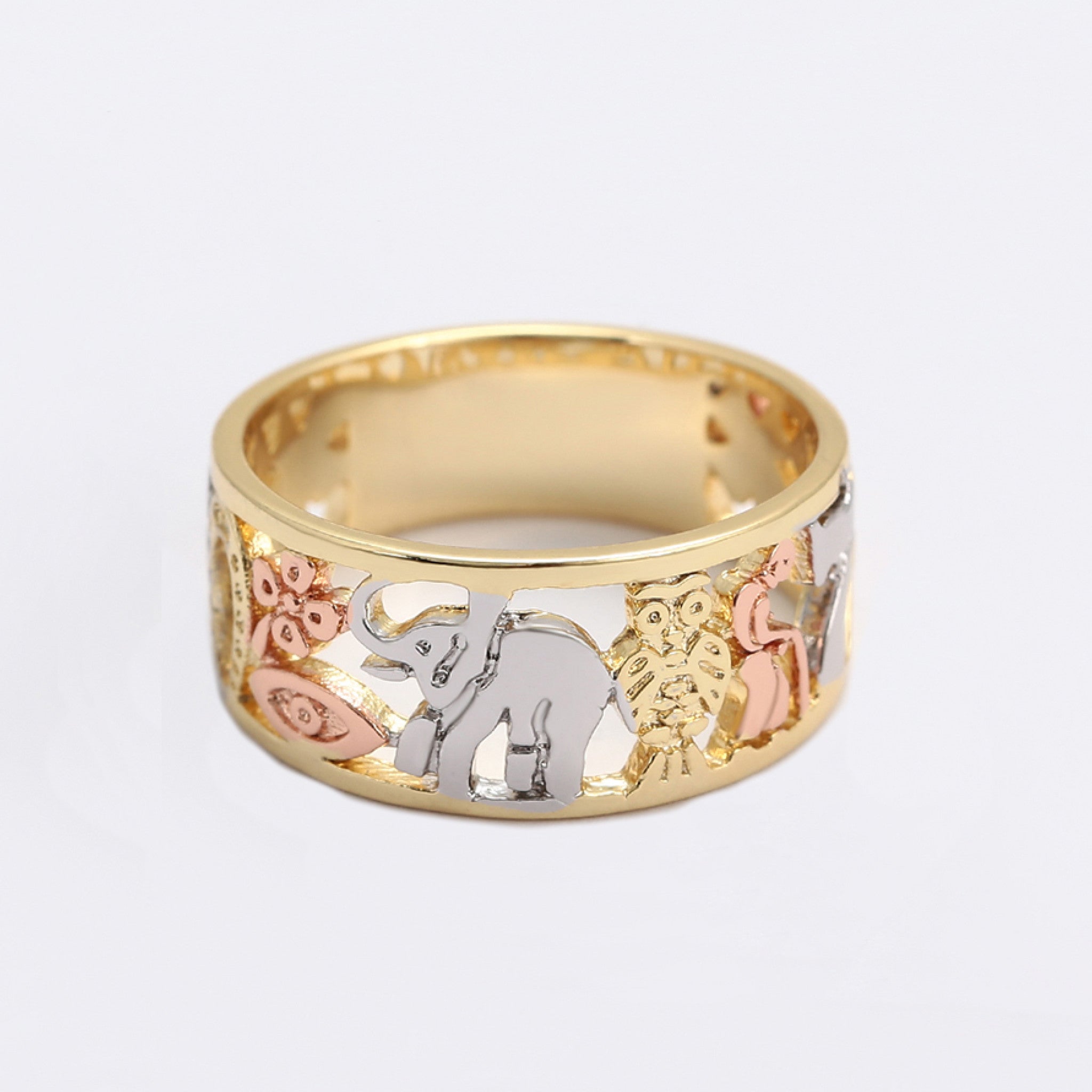 Seven Powers Ring with Elephant & Nature Motifs - 14K Gold-Plated