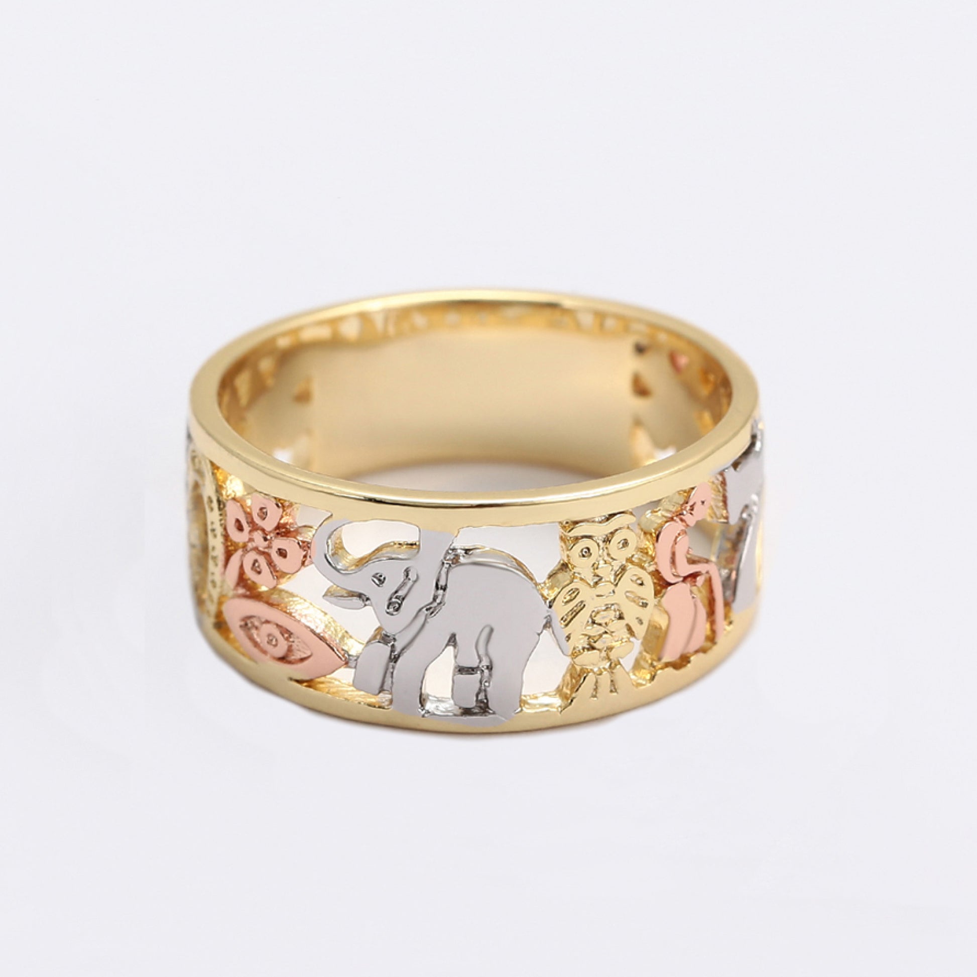 Seven Powers Ring with Elephant & Nature Motifs - 14K Gold-Plated