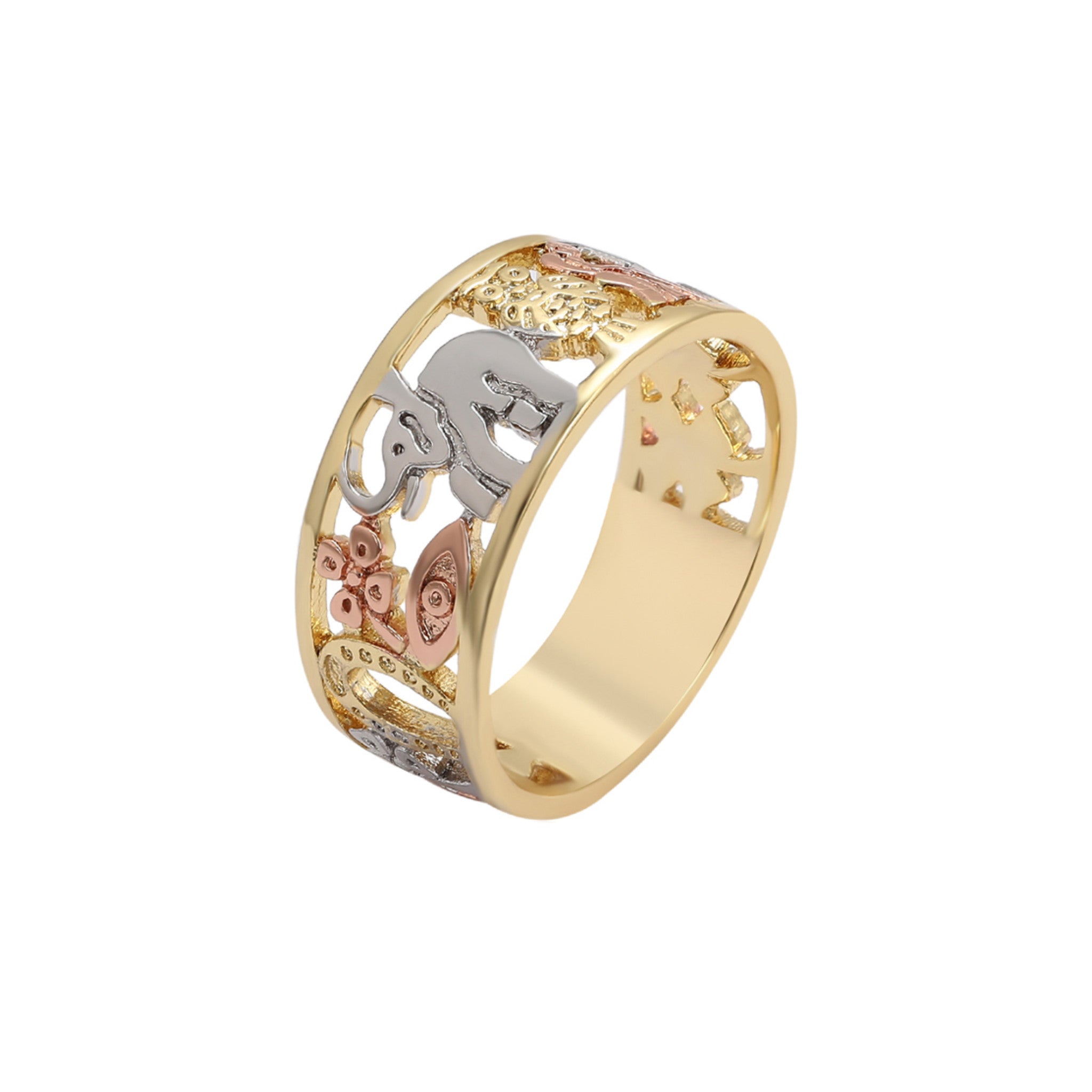 Seven Powers Ring with Elephant & Nature Motifs - 14K Gold-Plated