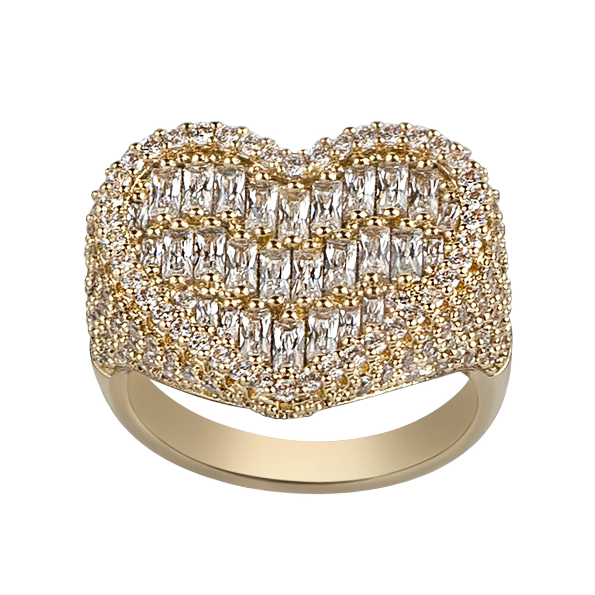 Gold ring with diamond accents on a white background