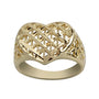 Gold ring with intricate lattice design on a white background