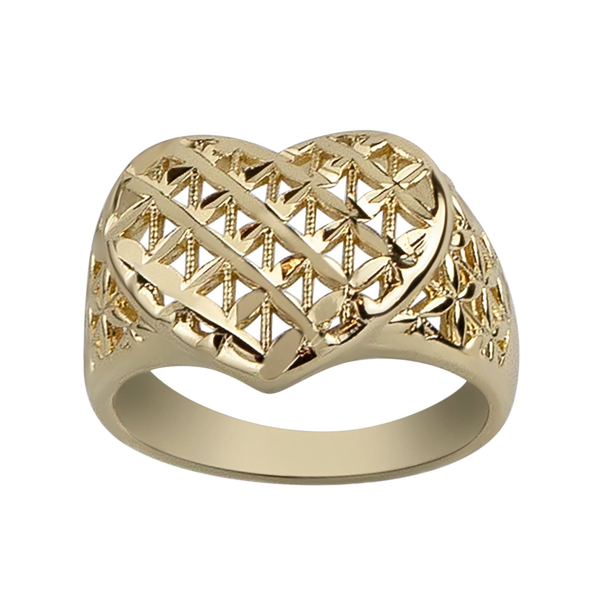 Gold ring with intricate lattice design on a white background