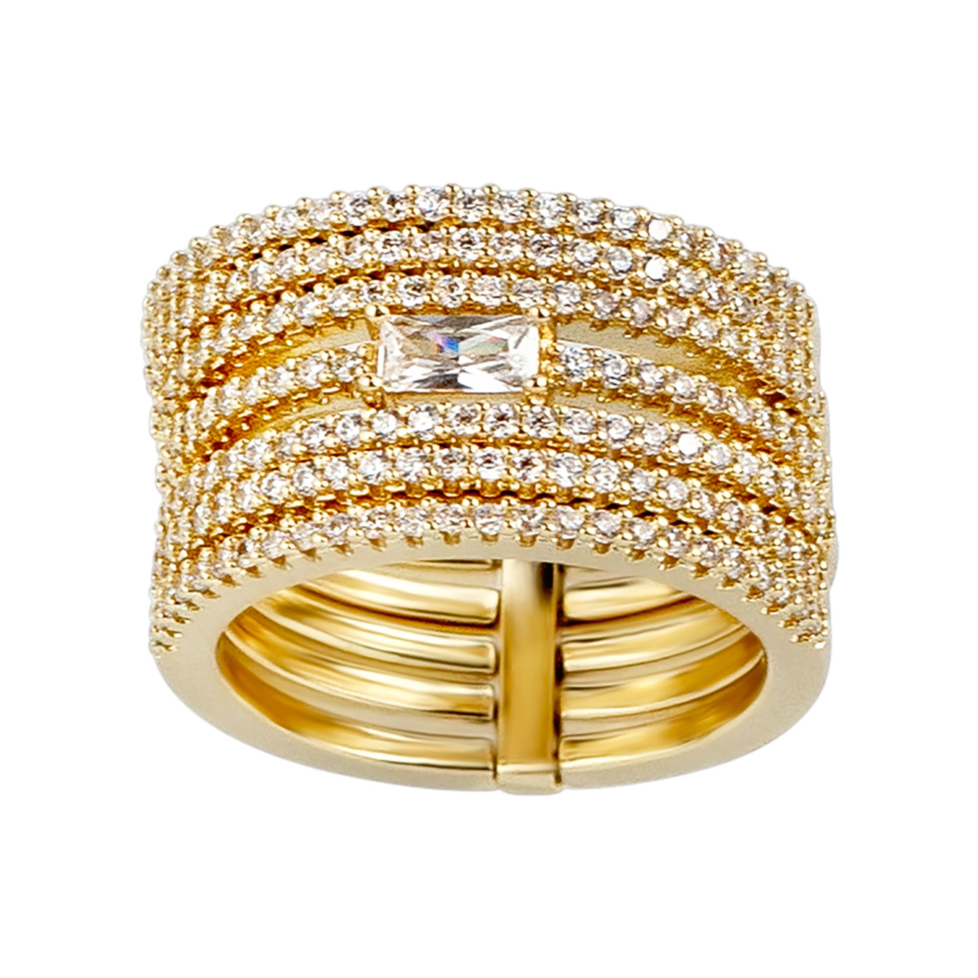 Gold ring with diamond accents on a white background