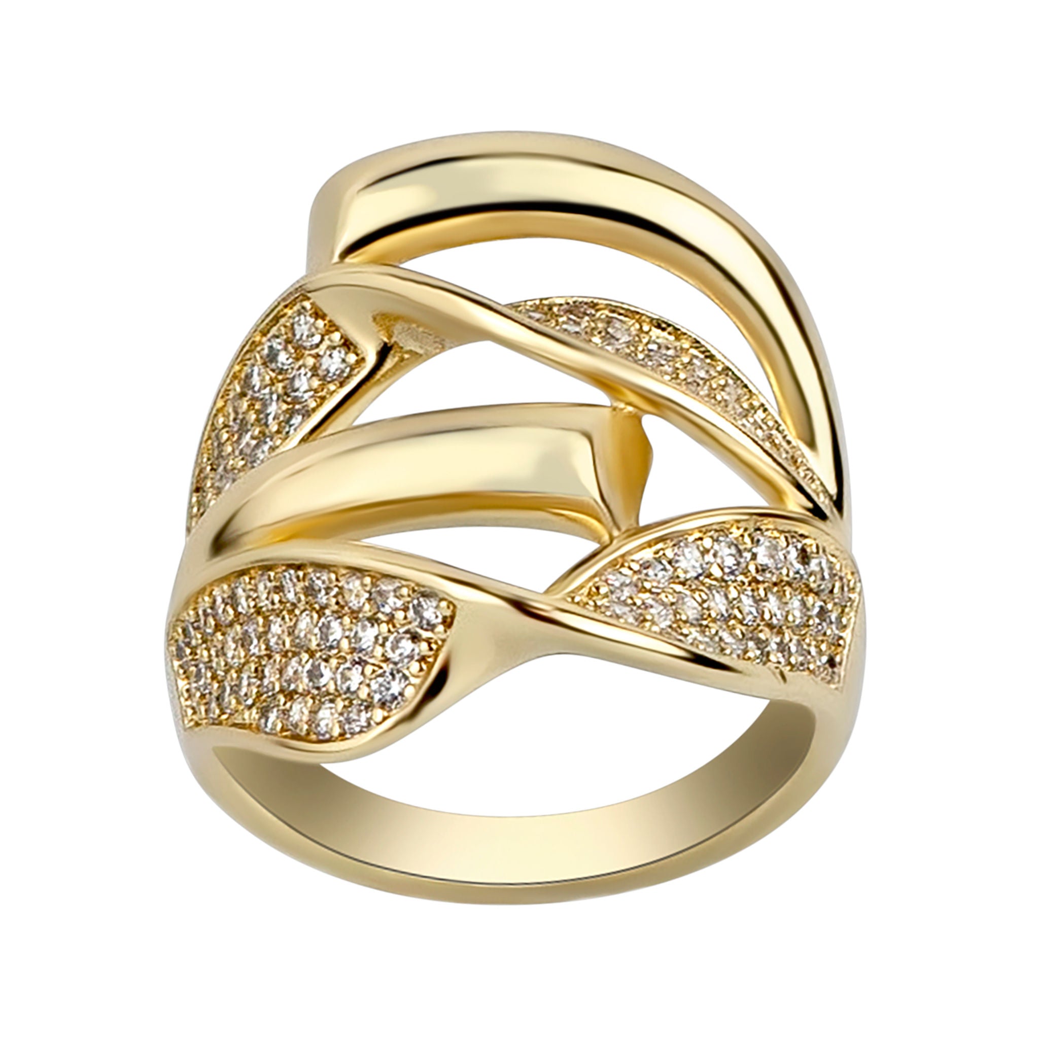 Gold ring with diamond accents on a white background