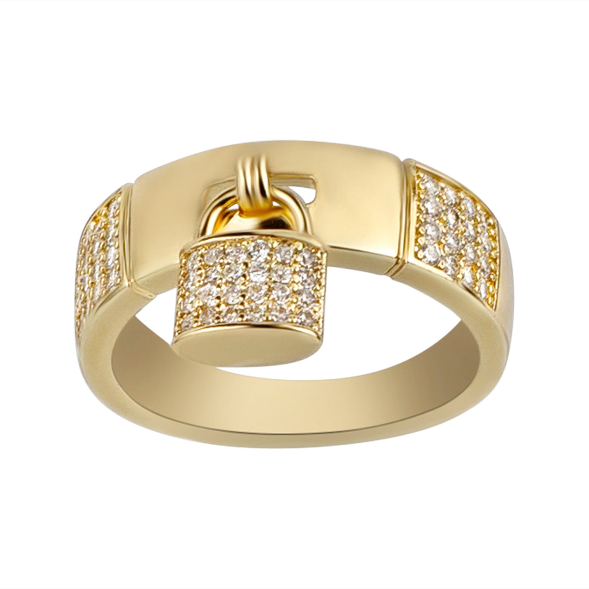 Gold ring with a lock design and diamond accents on a white background