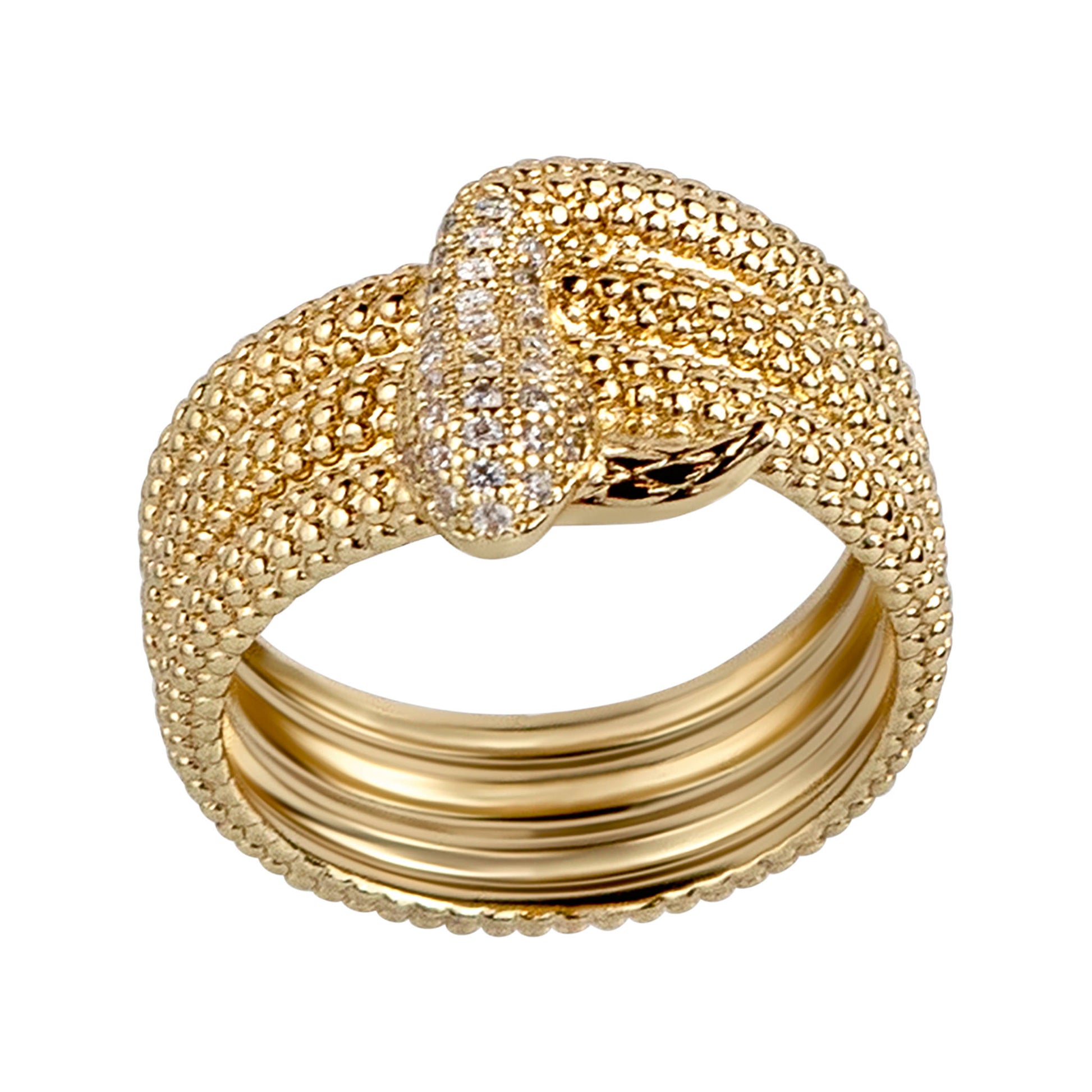 Gold ring with textured design and clear gemstone on a white background