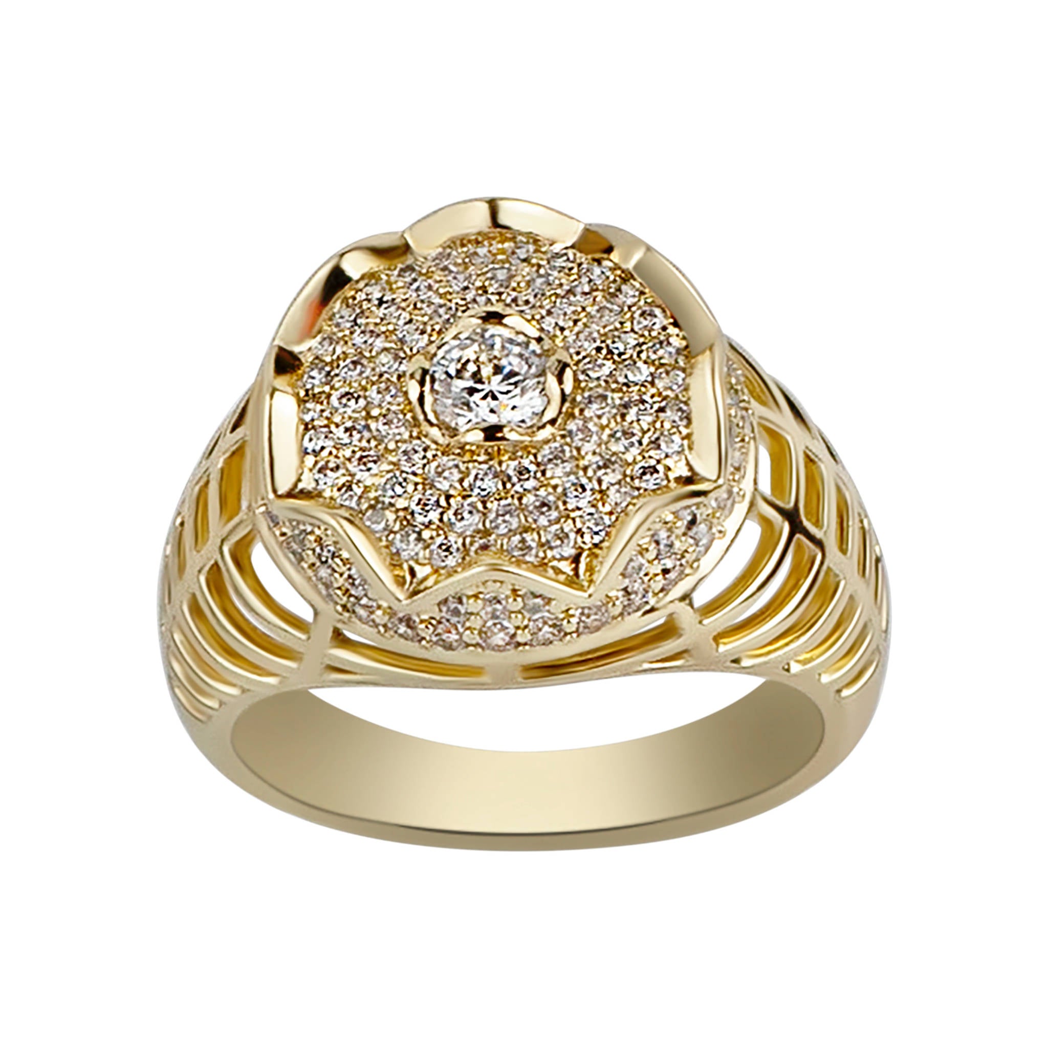 Gold ring with diamond accents on a white background