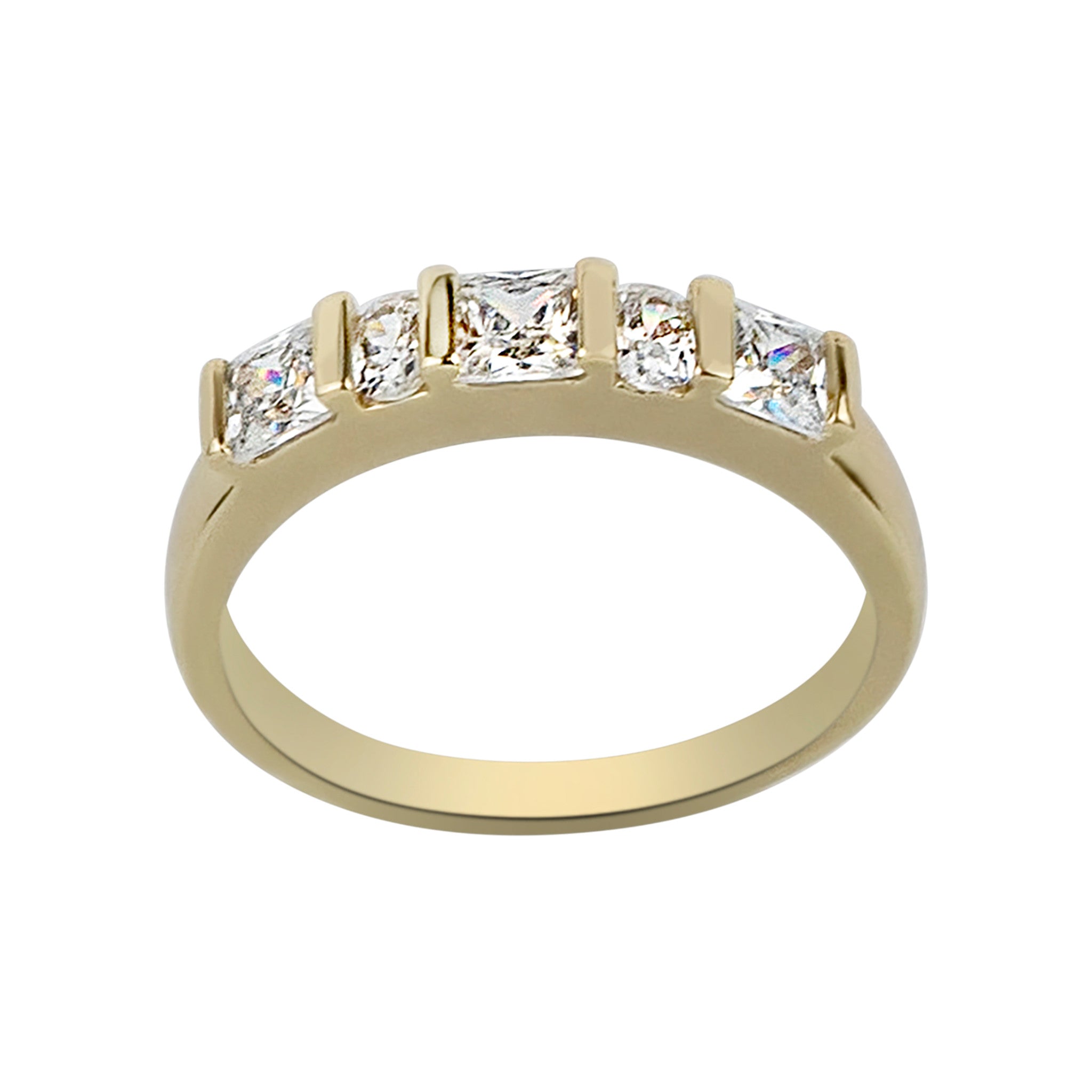 Gold ring with five diamonds on a white background