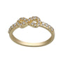 Gold ring with diamond infinity symbol on a white background