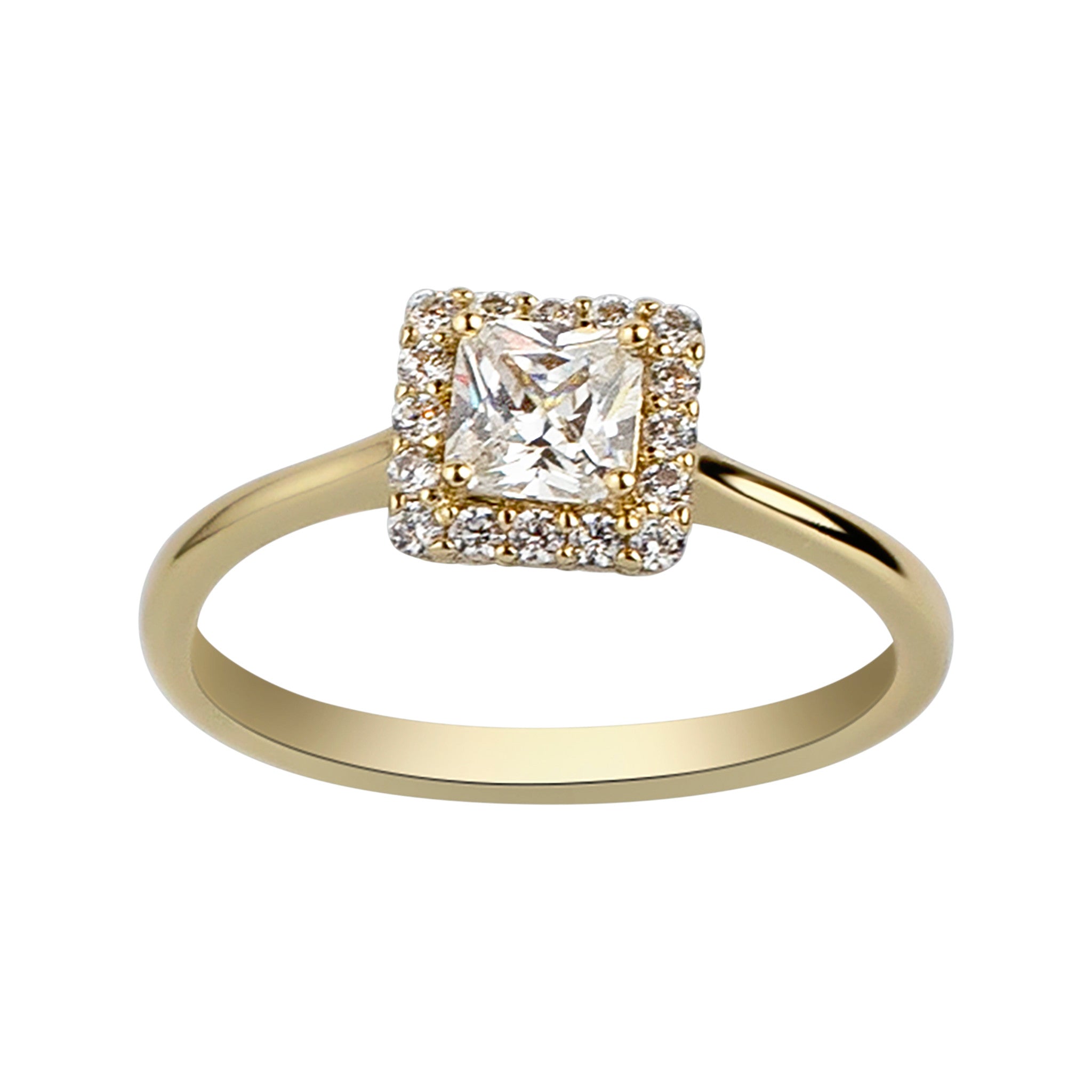 Gold ring with a square-cut diamond and smaller diamonds on a white background