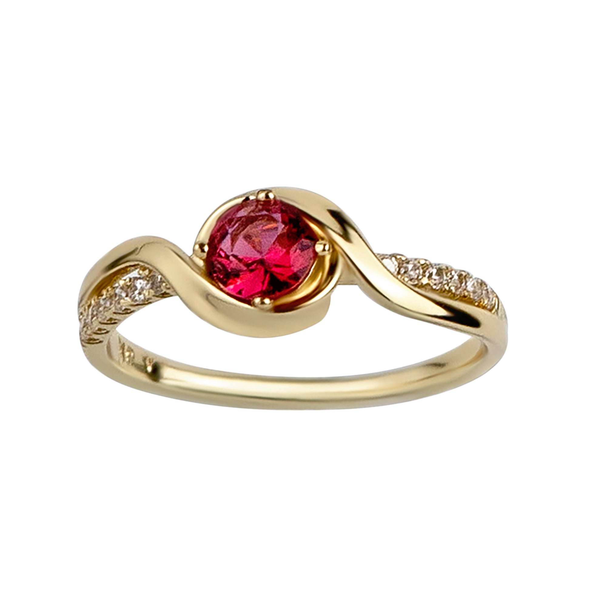 Gold ring with a red gemstone and diamond accents on a white background
