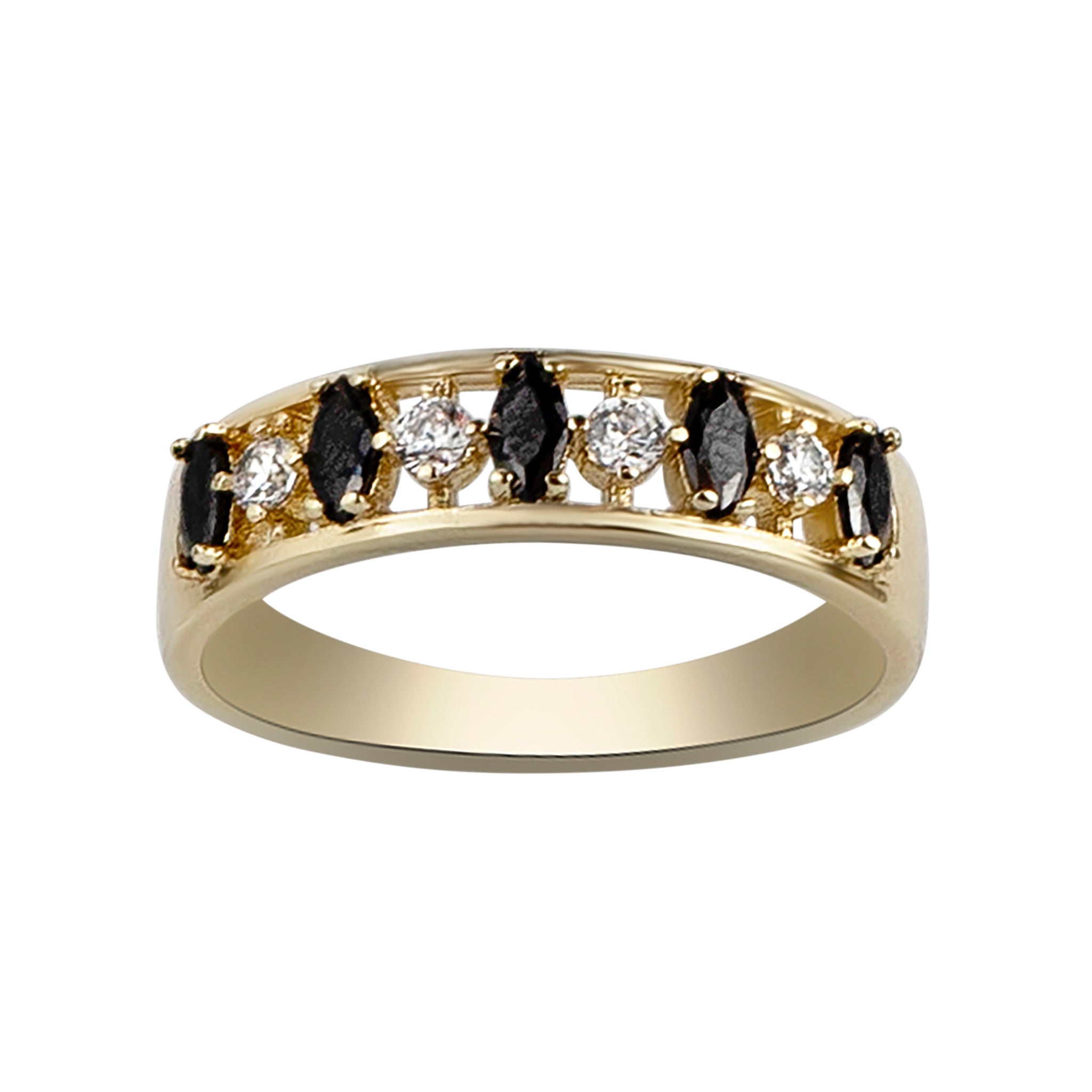 Gold ring with black and white gemstones on a white background
