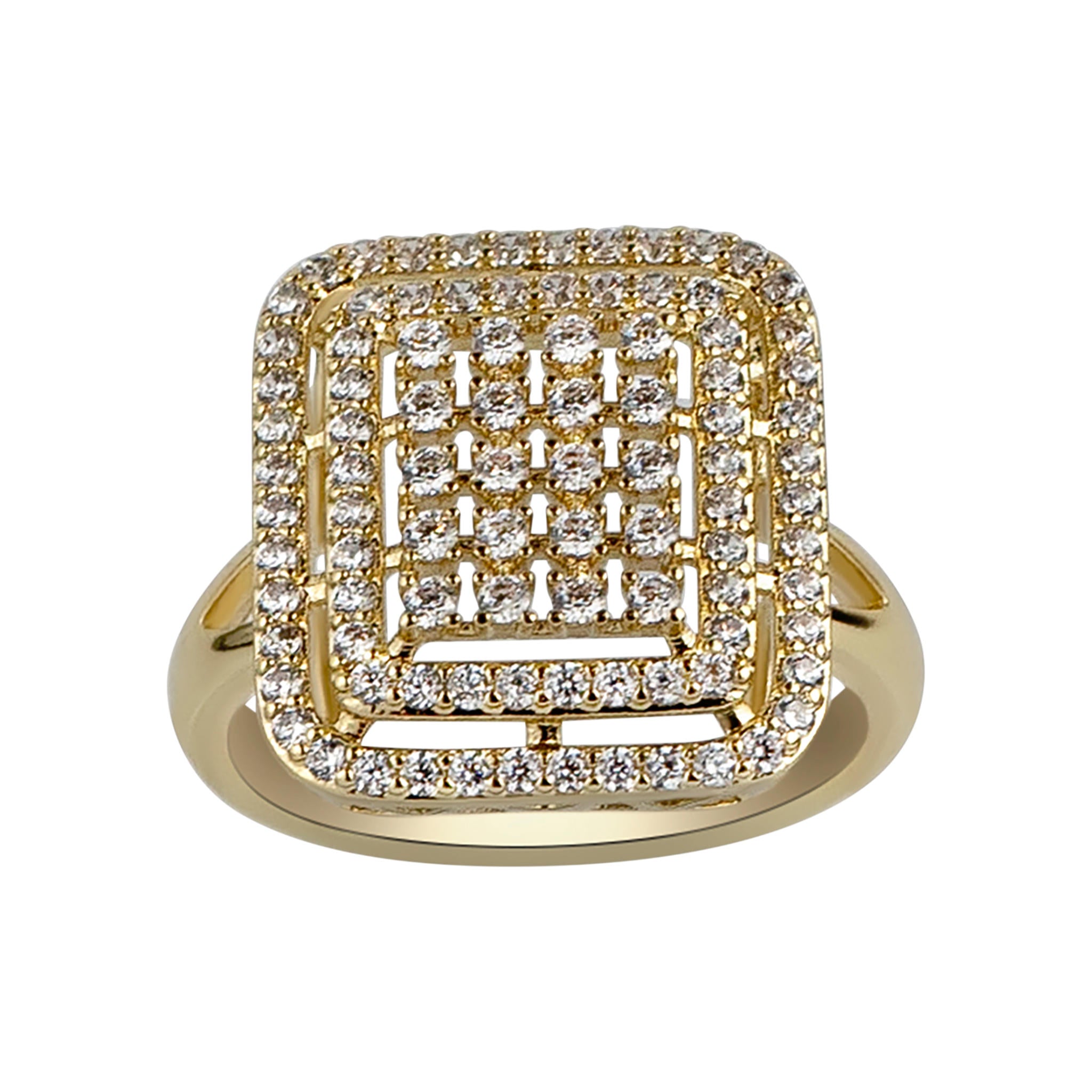 Gold ring with diamond square design on a white background